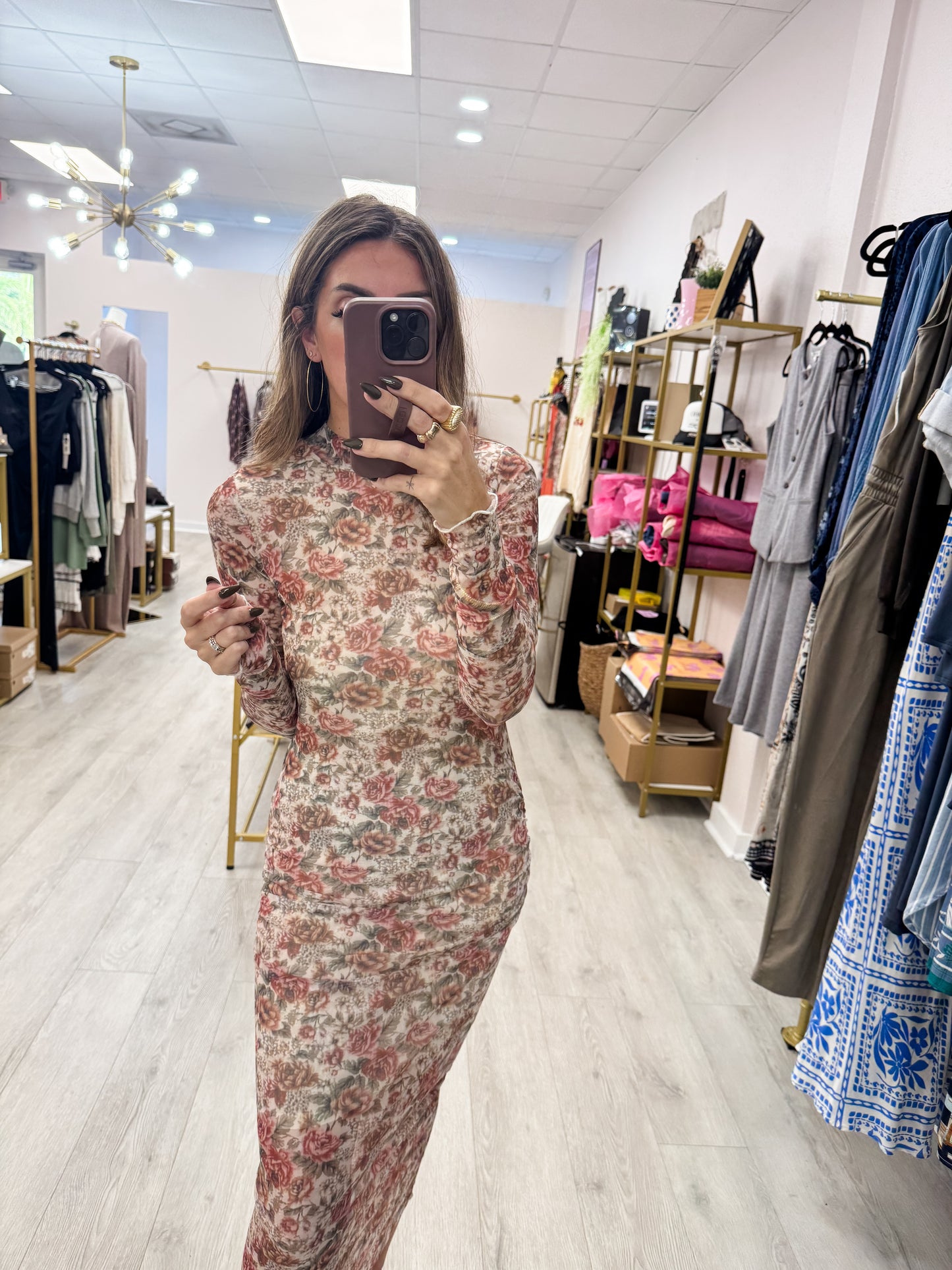 Floral Mesh Long Sleeve Dress