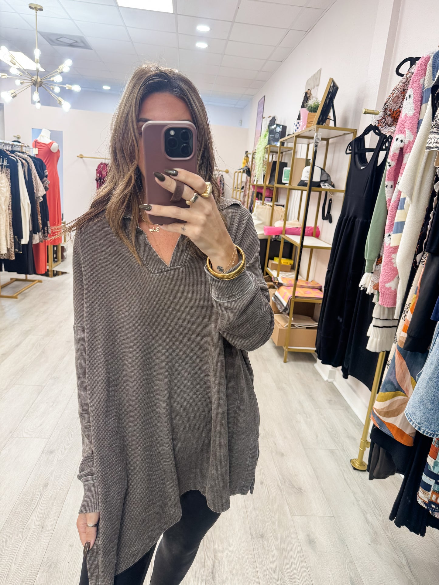 Espresso Cotton Blend Waffle Knit Oversized Top