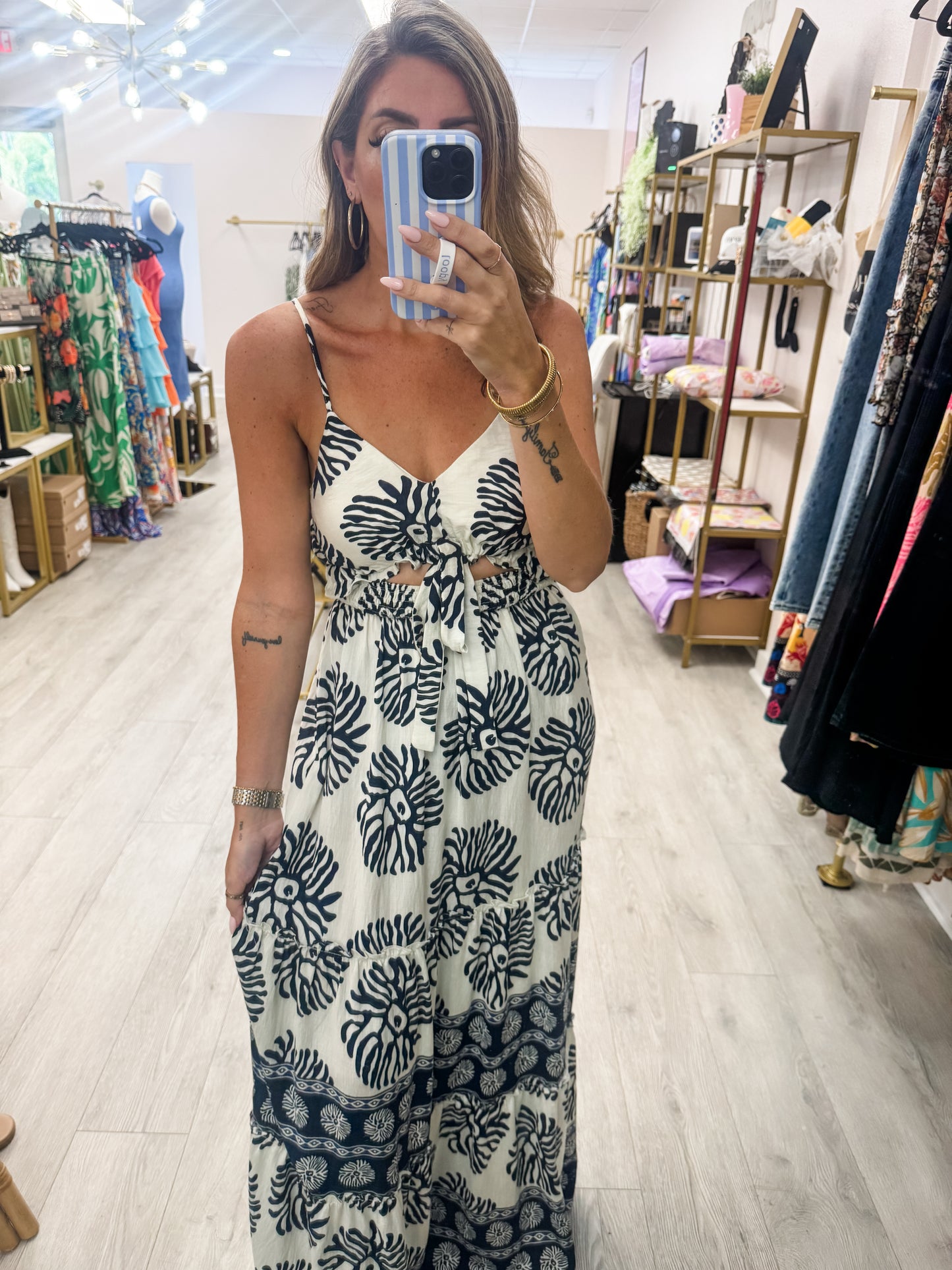 Navy Border Printed Maxi Dress