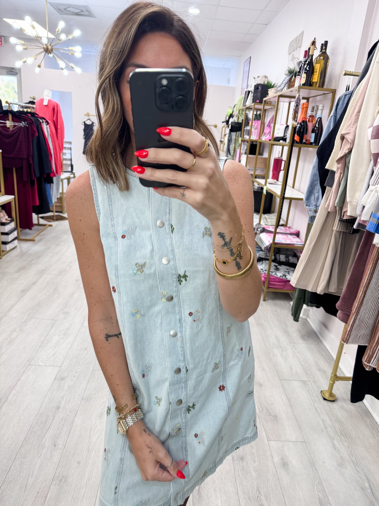 Light Denim Embroidered Snap Button Down Dress