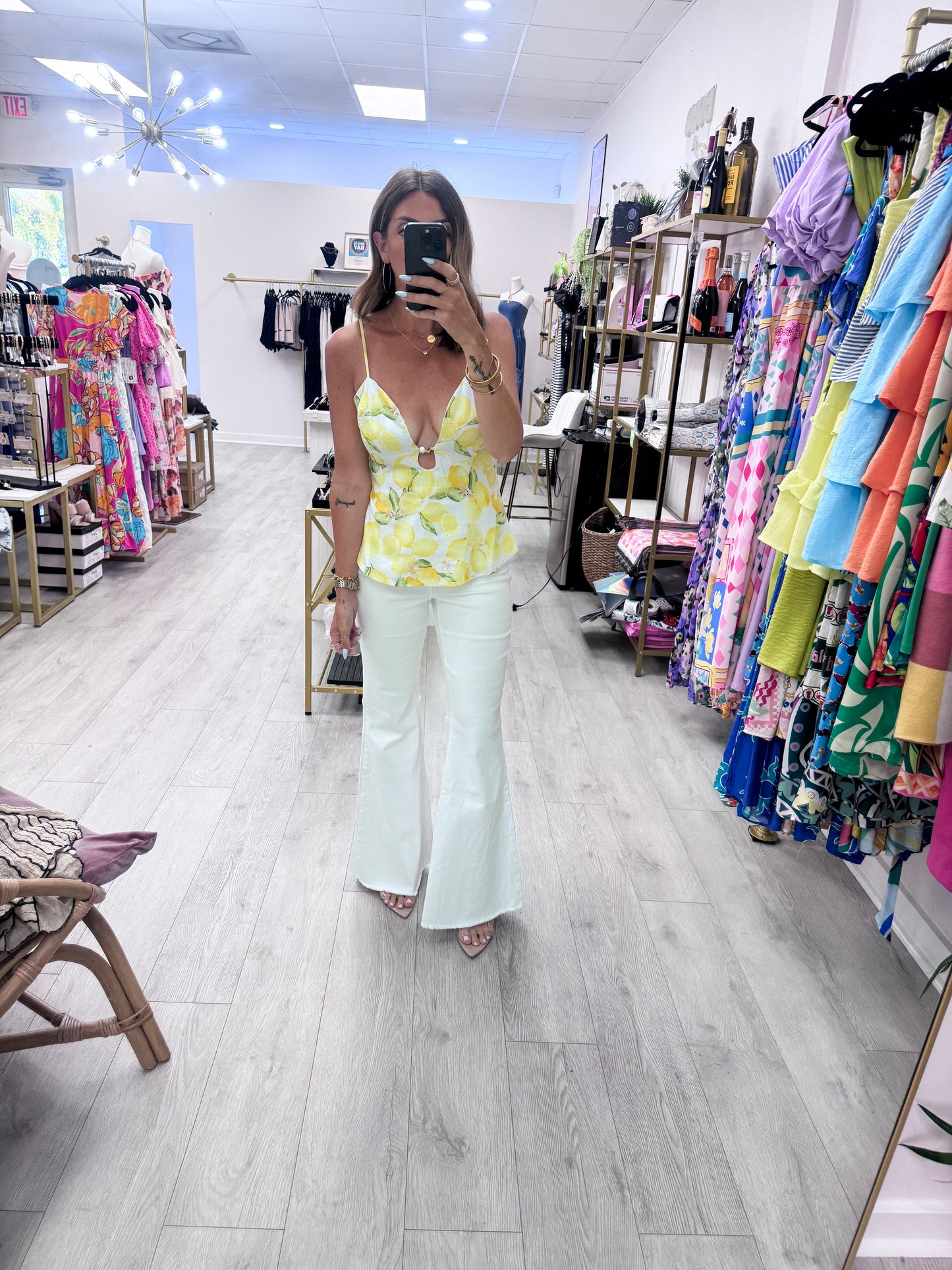 Lemon Print Plunge V-Neck Top