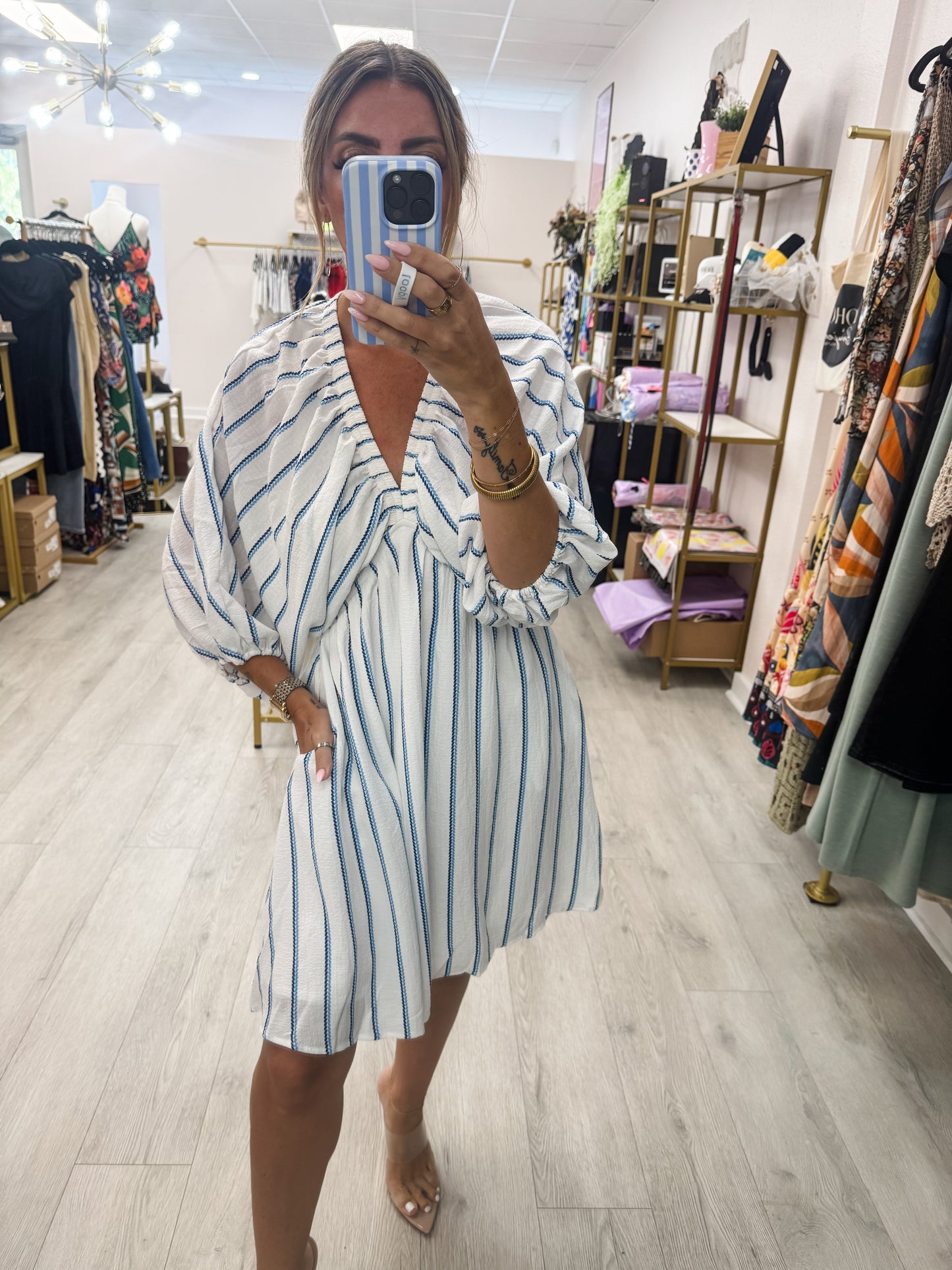 Striped Balloon Sleeve Dress