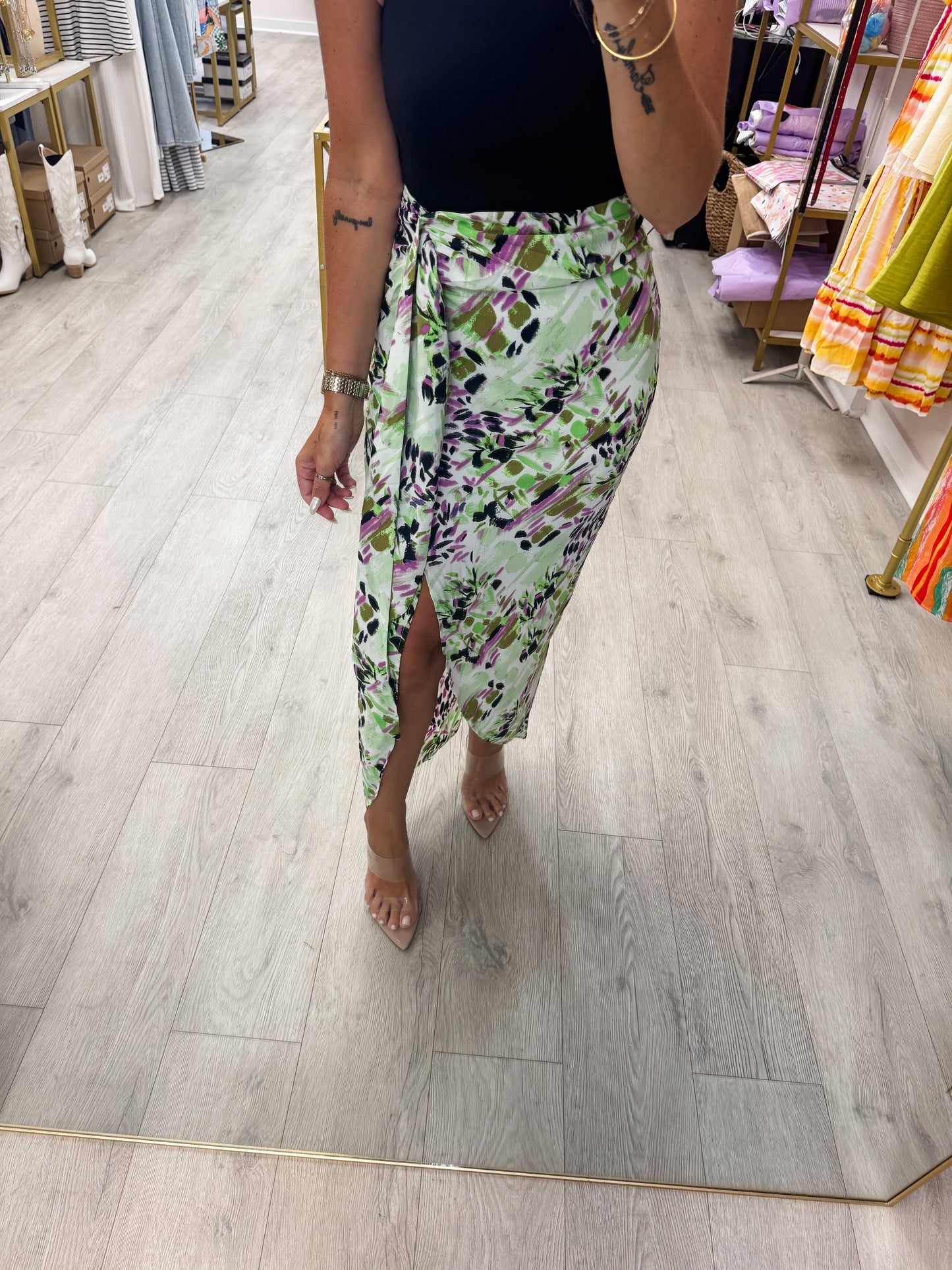Satin Print High Waisted Skirt