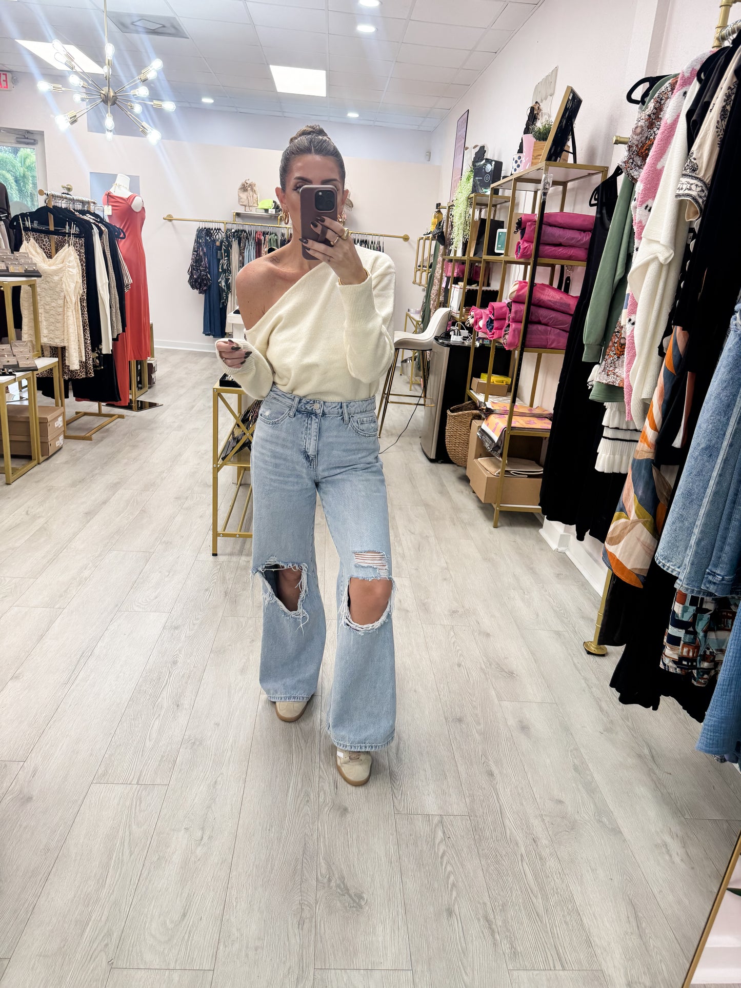 Off White Asymmetric Off Shoulder Sweater