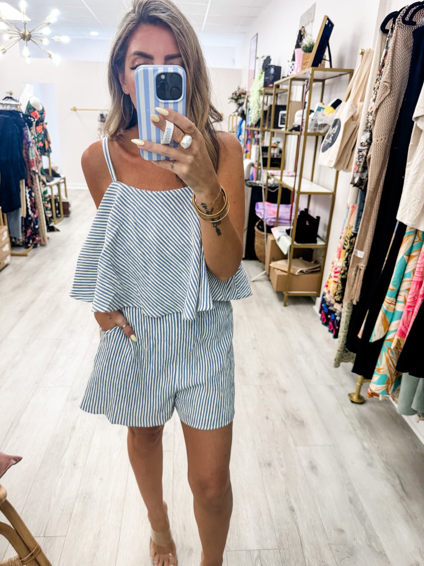Blue Striped Ruffle Romper