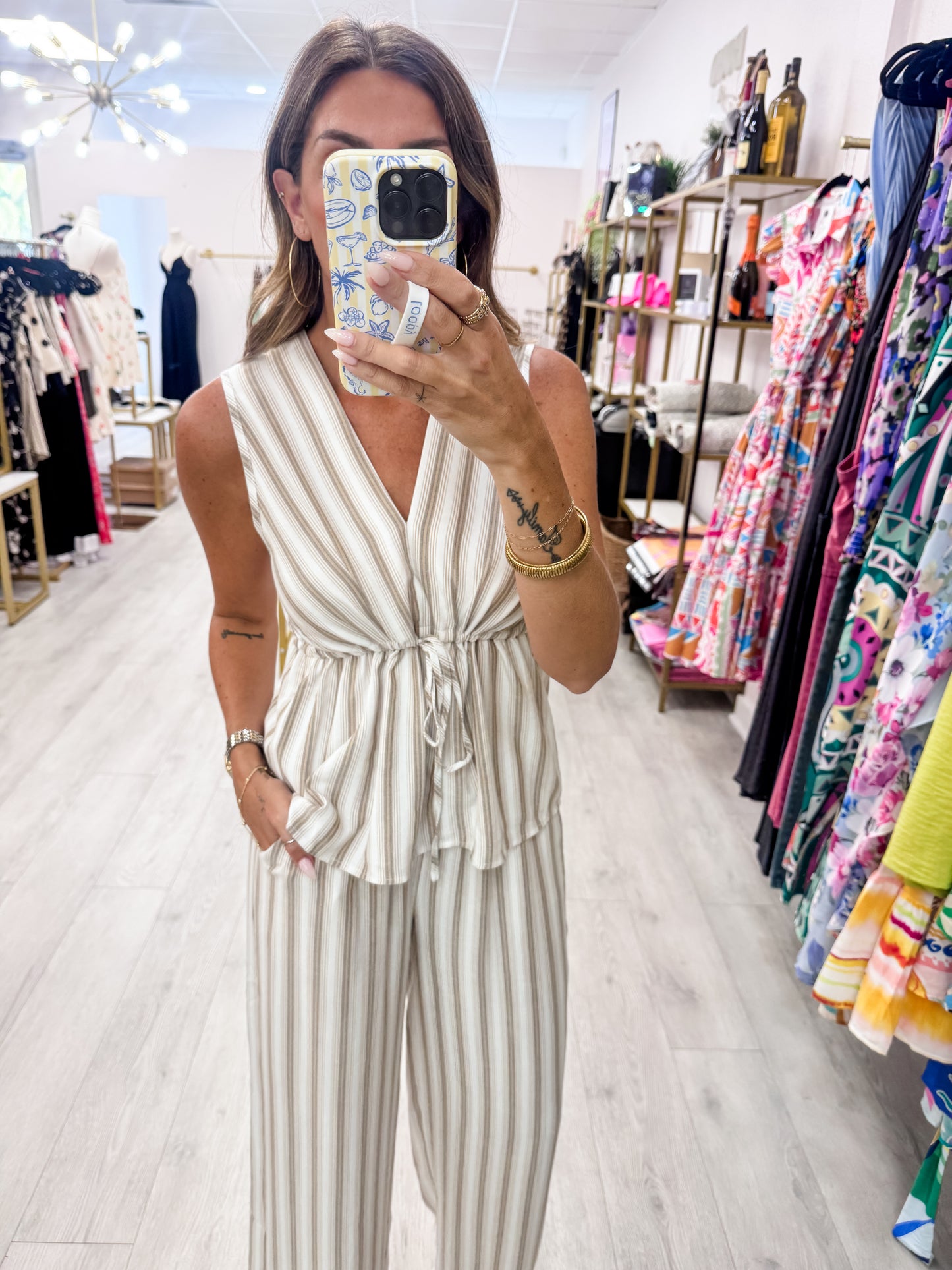 Beige Striped Top & Pants SET