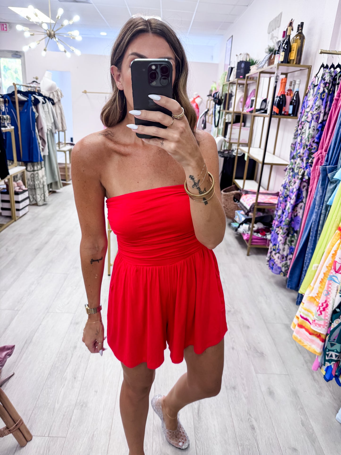 Ruby Red Strapless Shirred Waist Romper