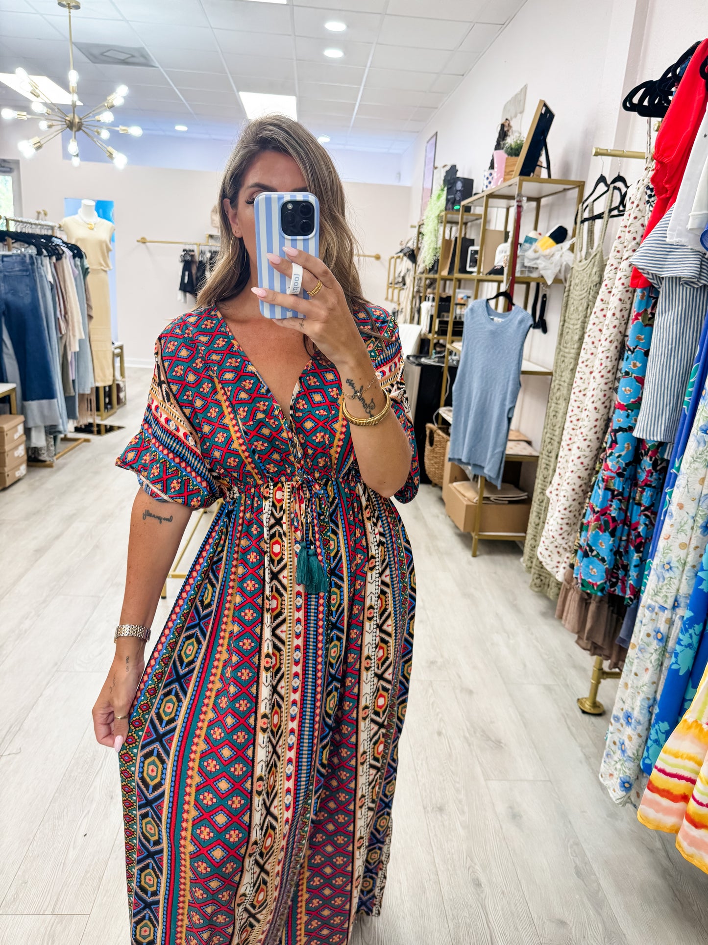Bonfire Drawstring Cinched Waist Maxi Dress