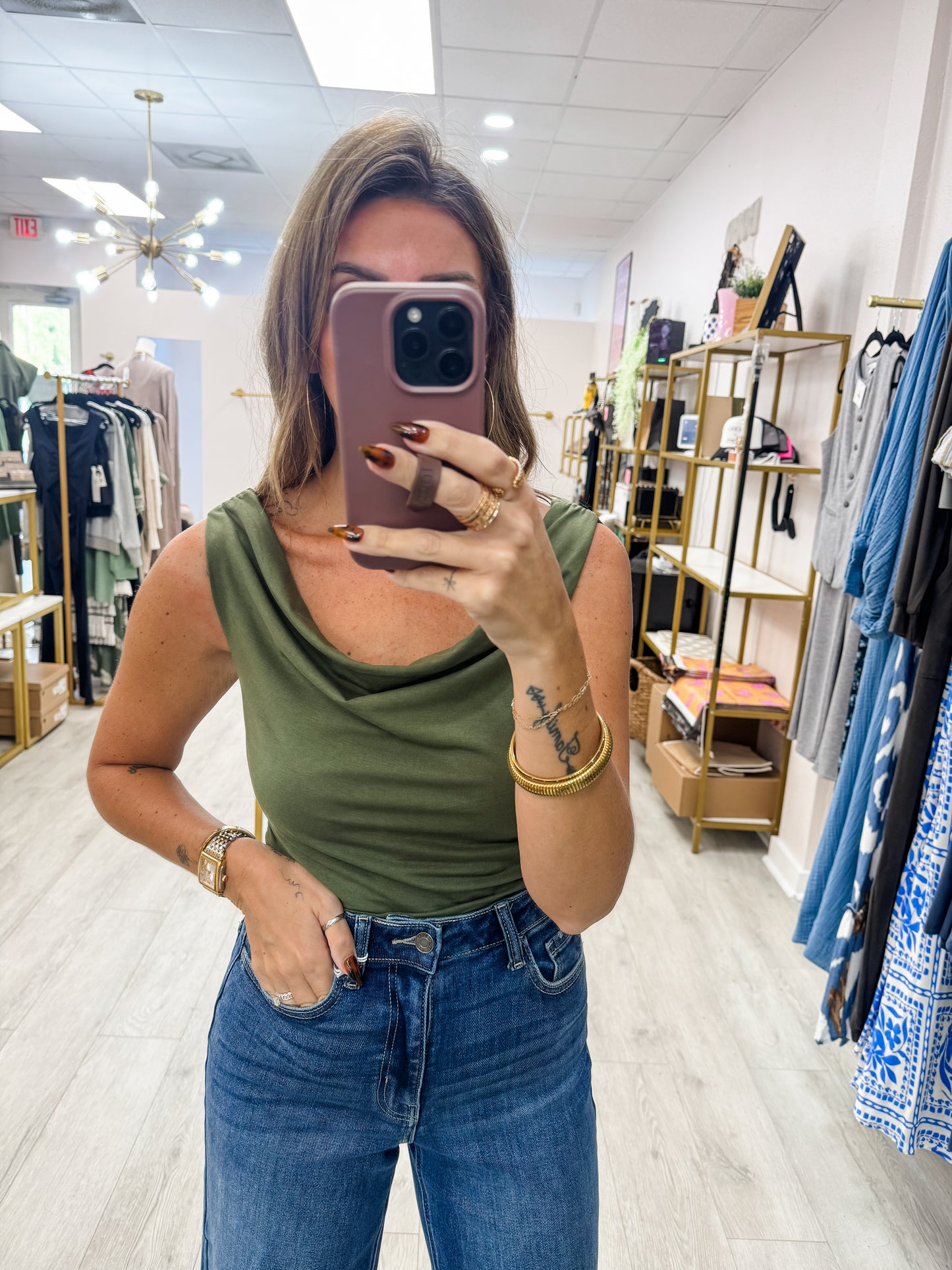 Olive On or Off Shoulder Ruched Top