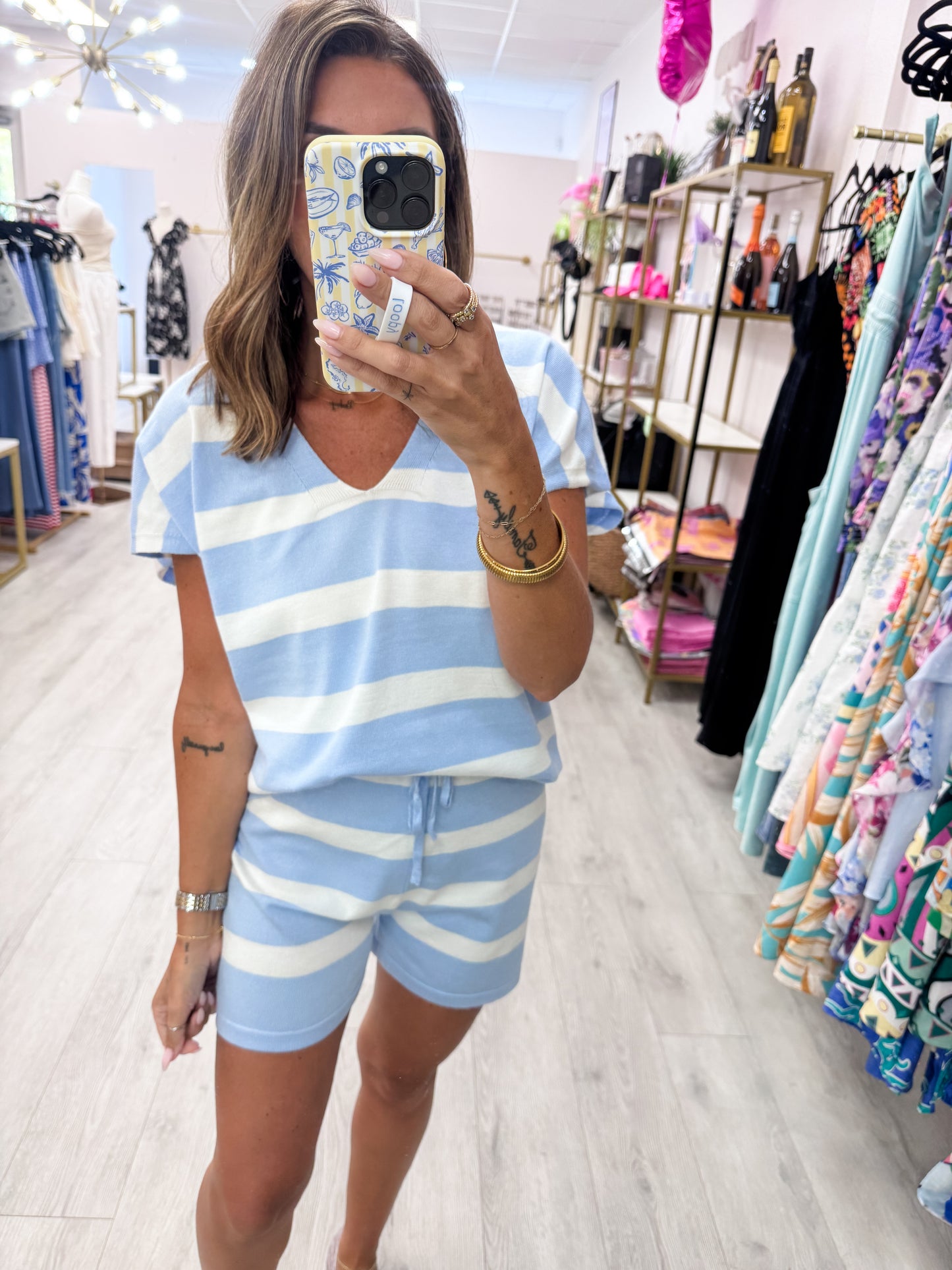 Blue V-Neck Top & Striped Shorts Set