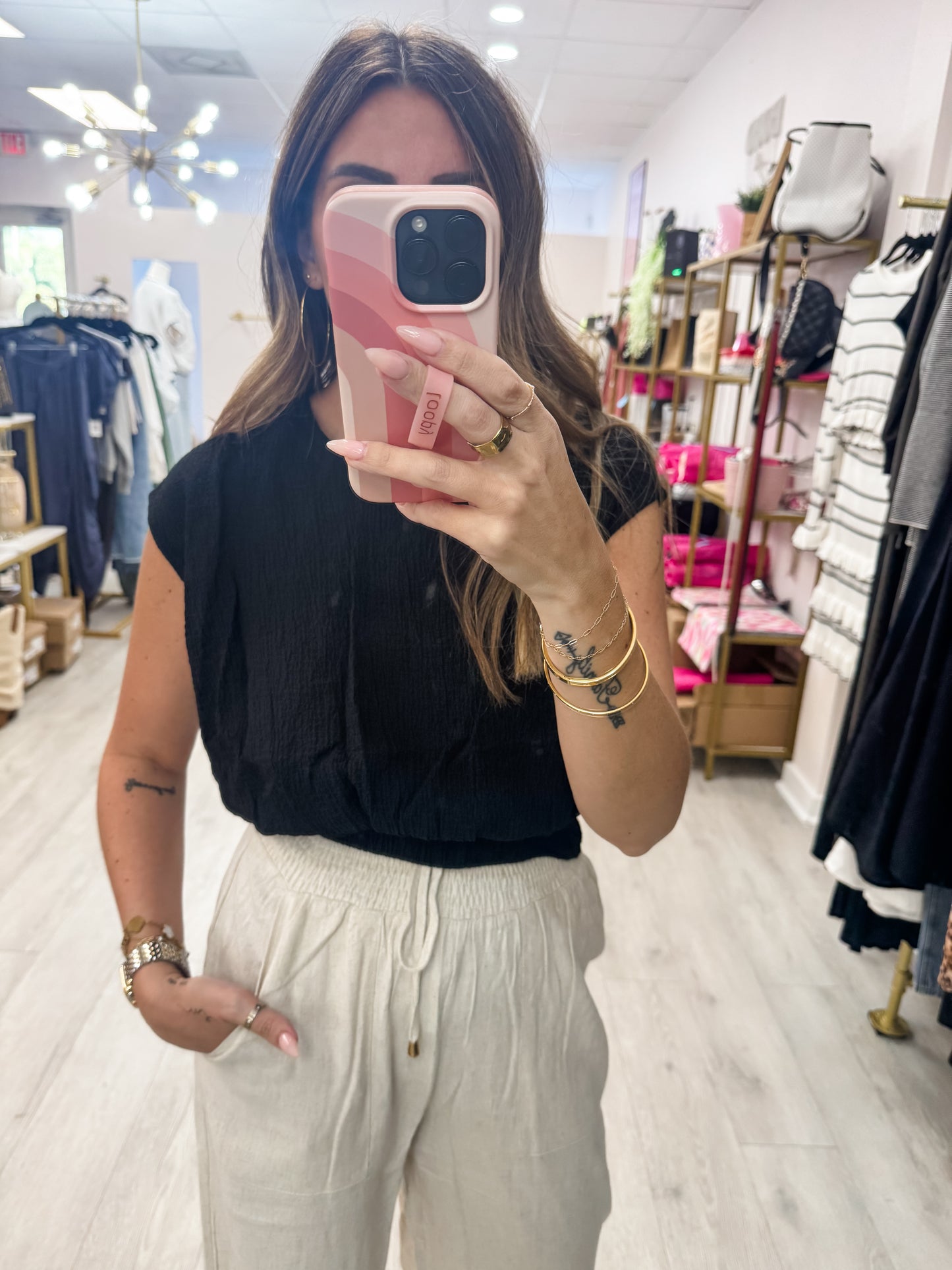 Black Seersucker Tie Front Dolman Top