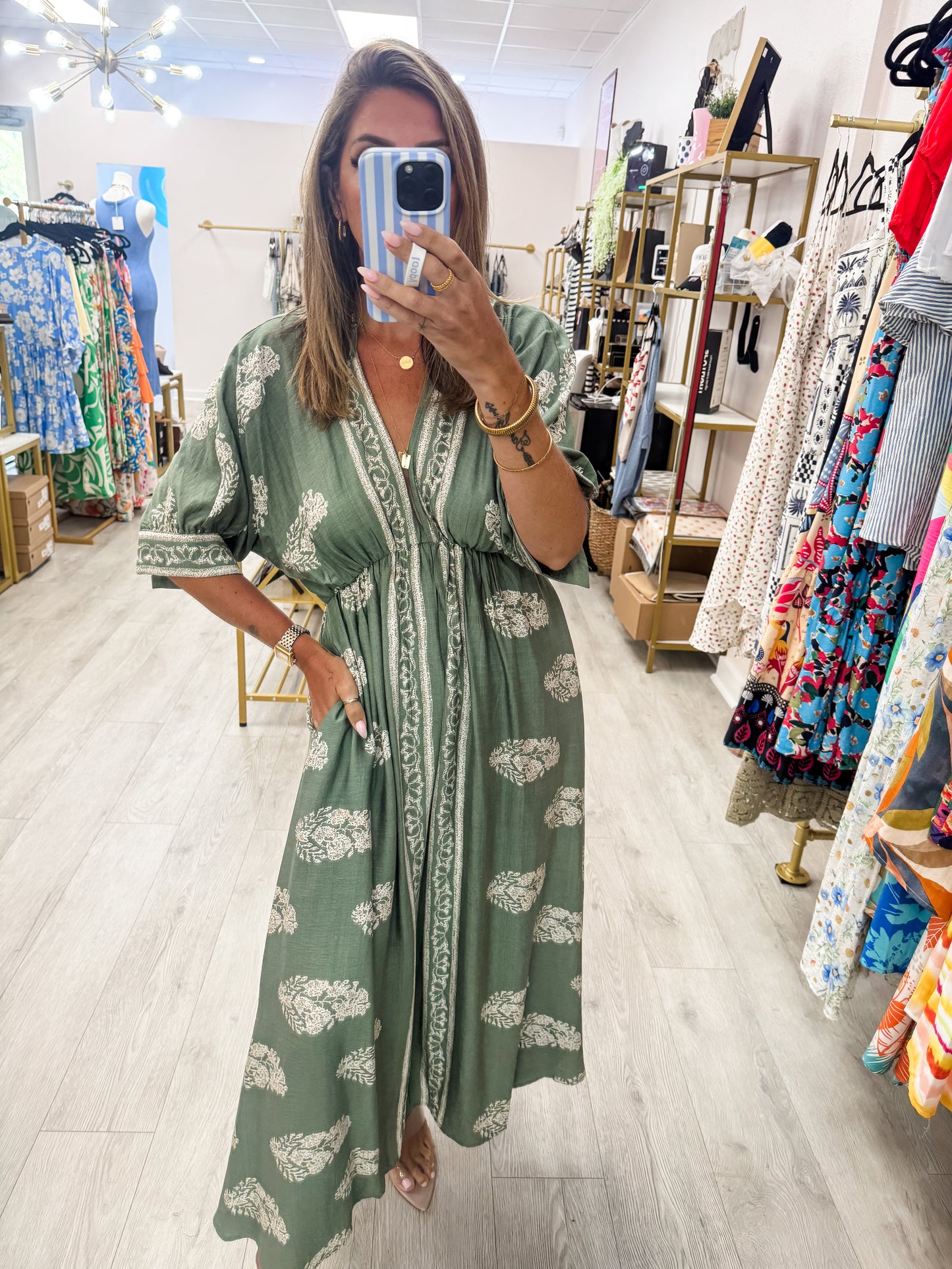 Green Border Printed Midi Dress