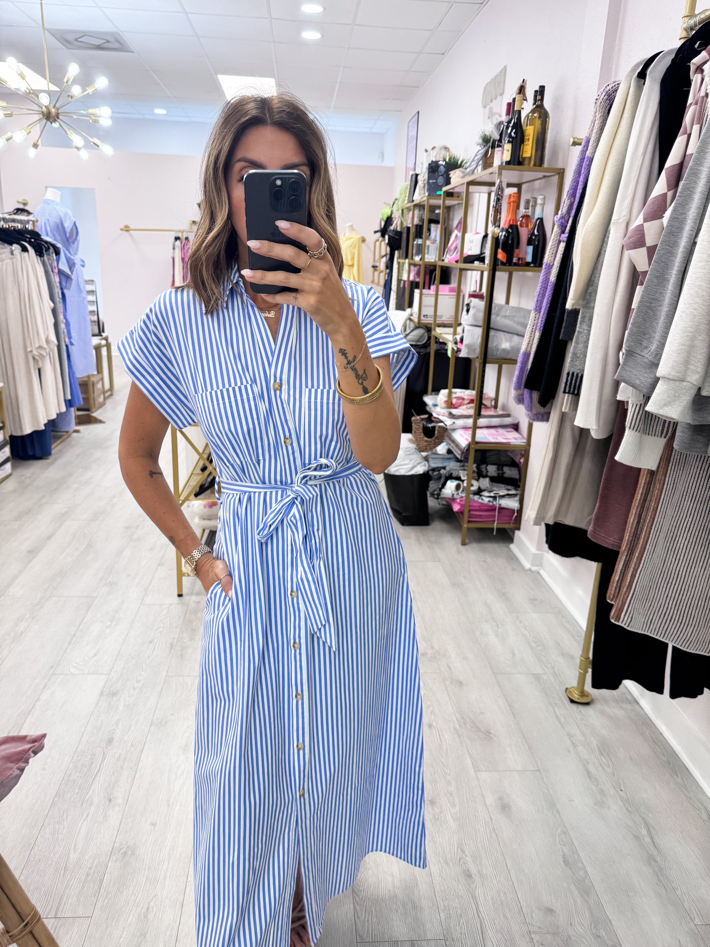 Blue Striped Poplin Belted Shirt Dress With Pockets