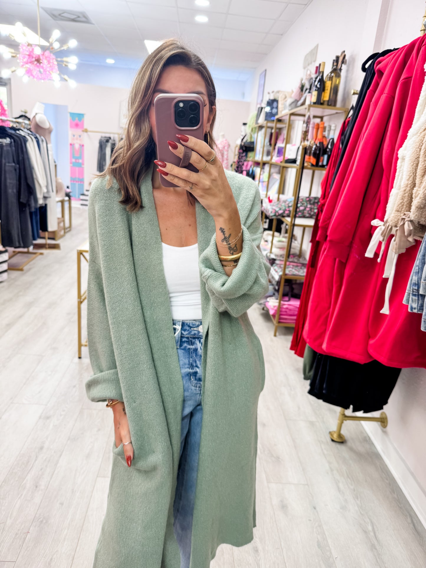 Sage Green Longline Open Front Duster Sweater