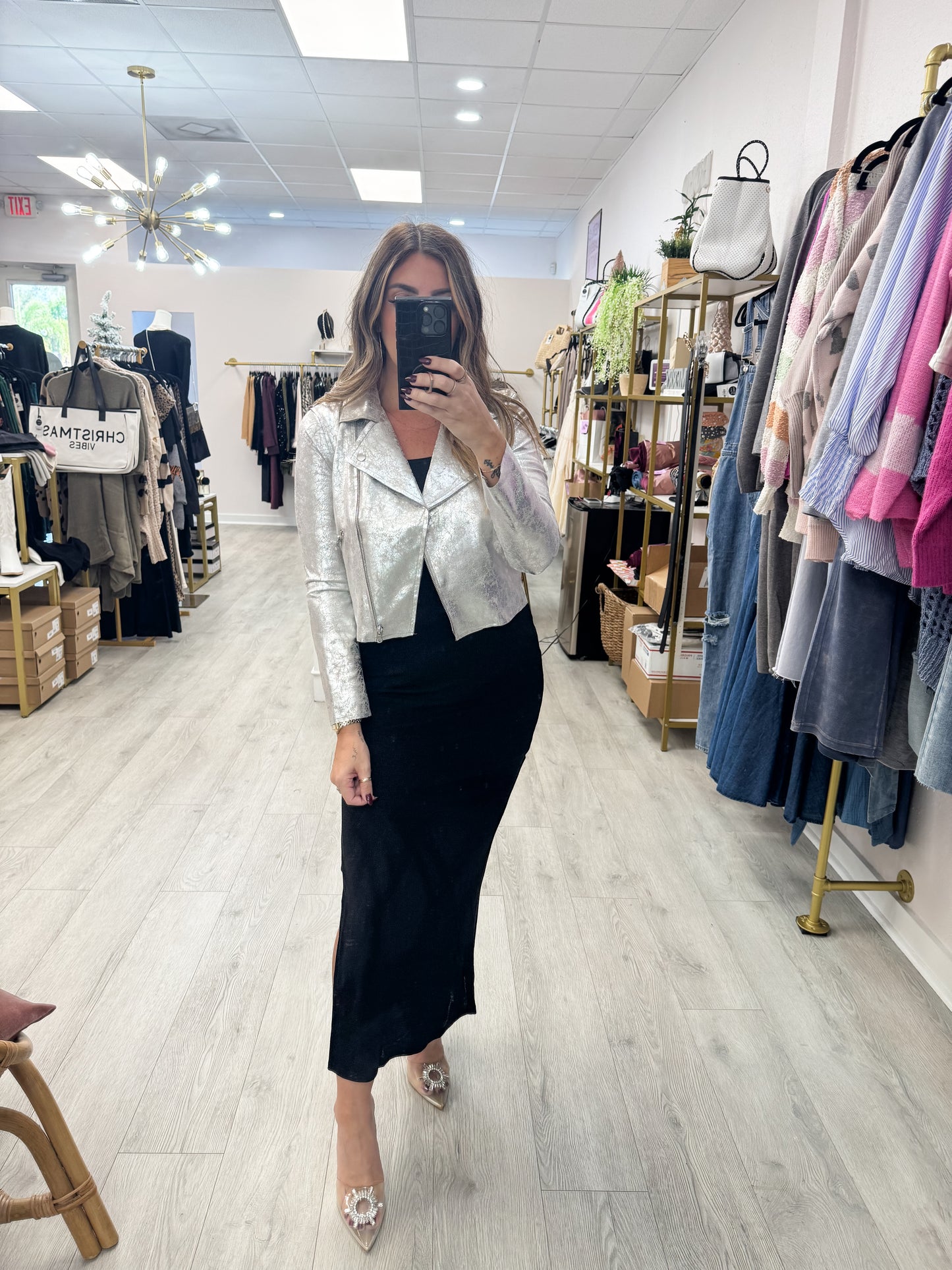 Creased Foil Suede Moto Jacket