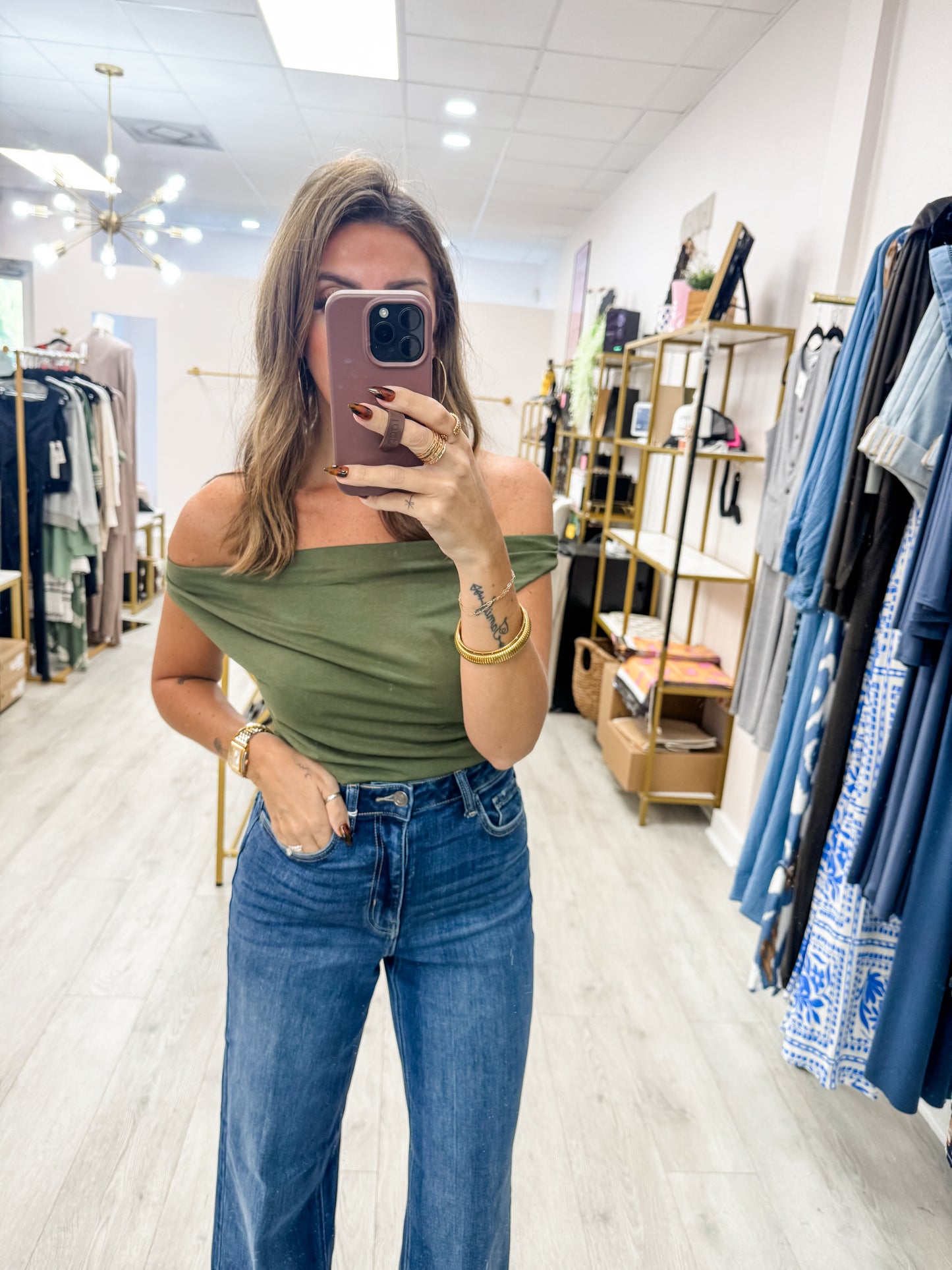 Olive On or Off Shoulder Ruched Top