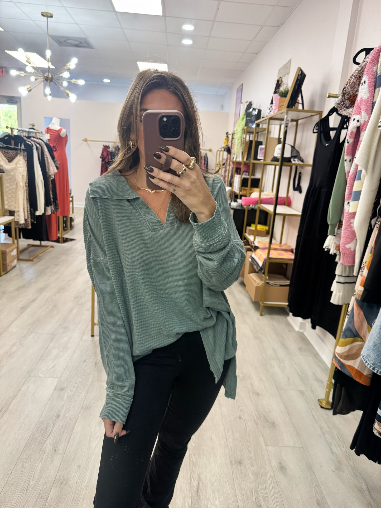 Silky Pine Cotton Blend Waffle Knit Oversized Long Sleeve Top