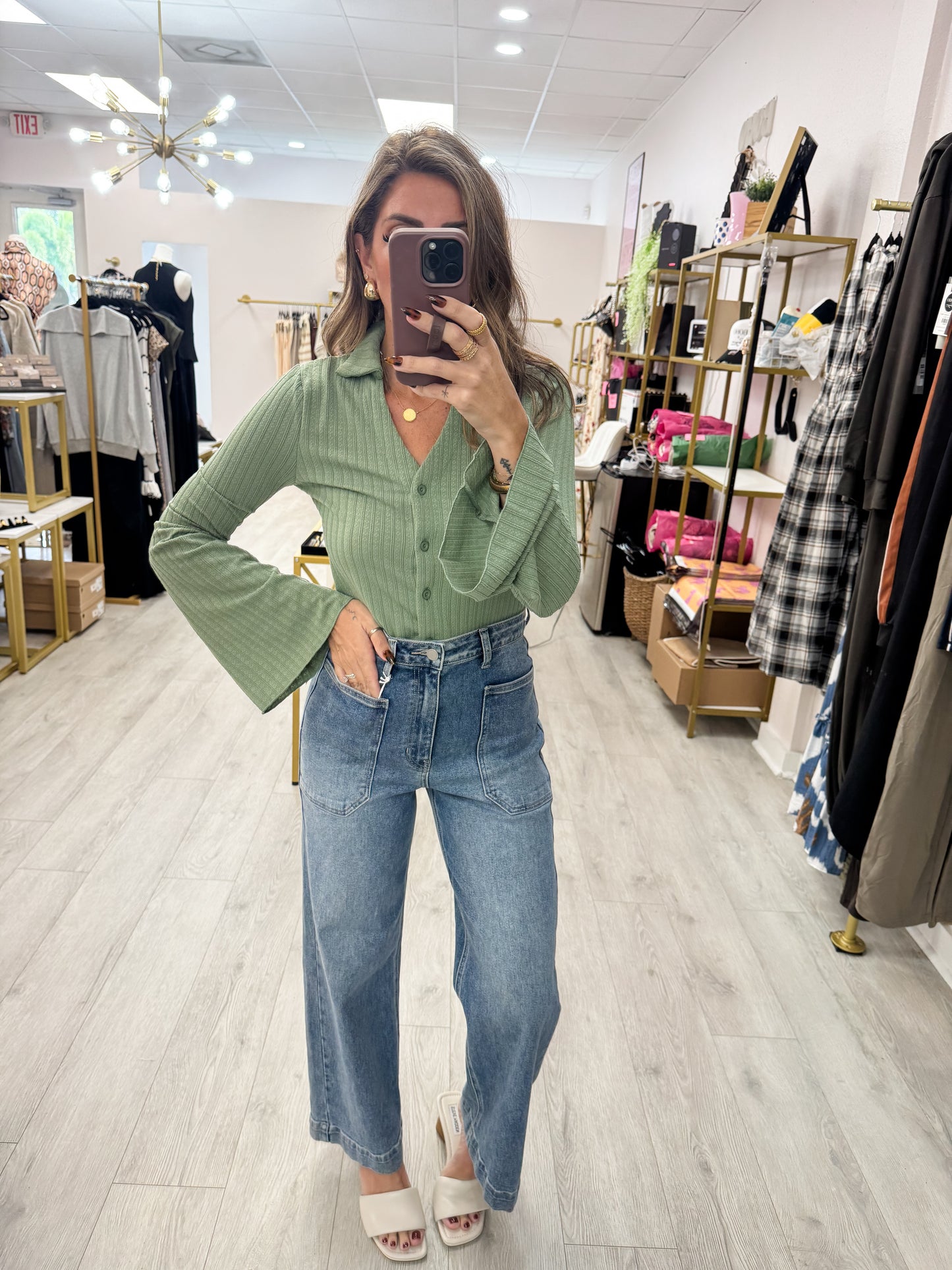 Green Knit Button Down Top