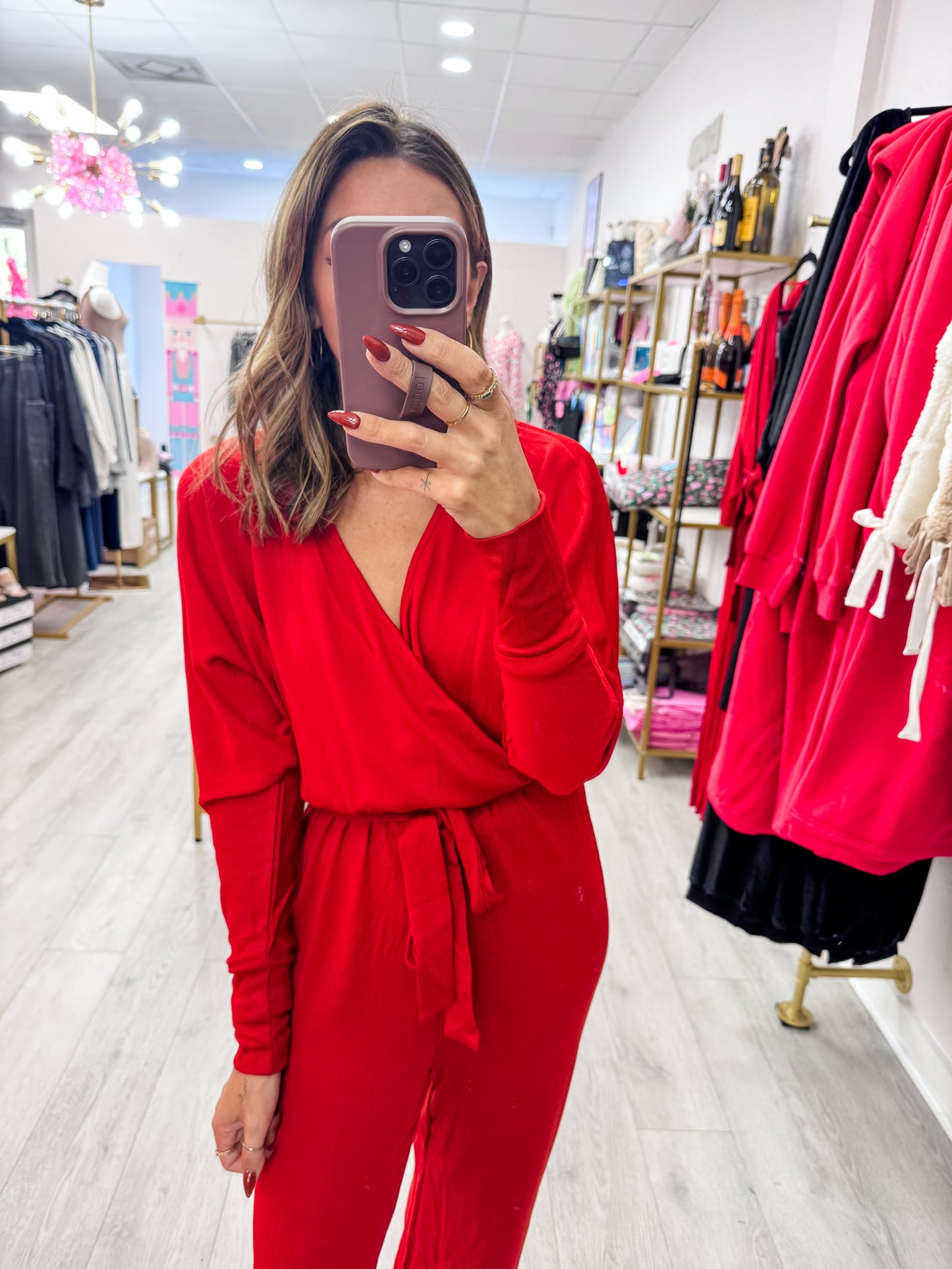 Red Surplice Tie-Belt Knit Jumpsuit: