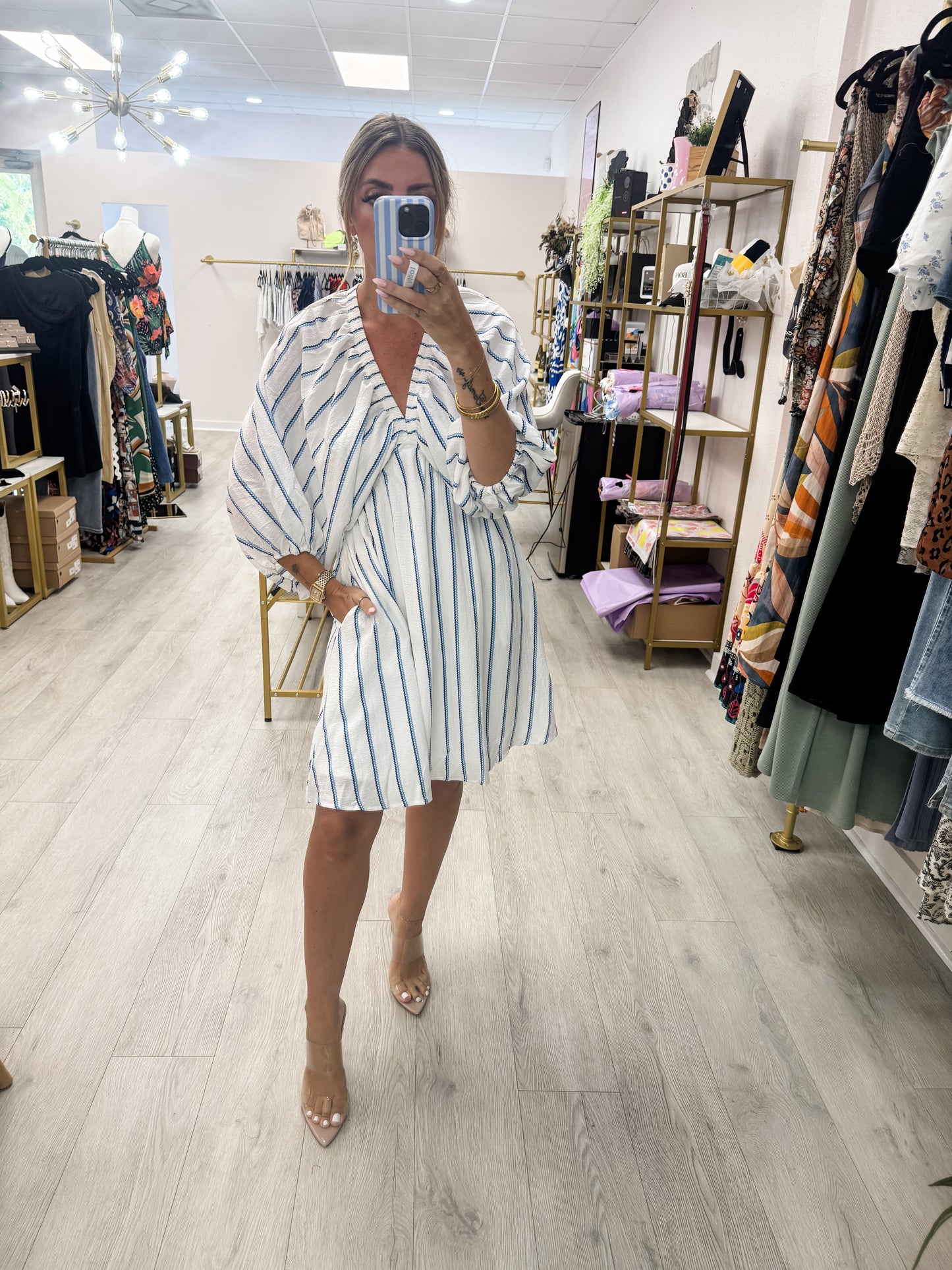 Striped Balloon Sleeve Dress