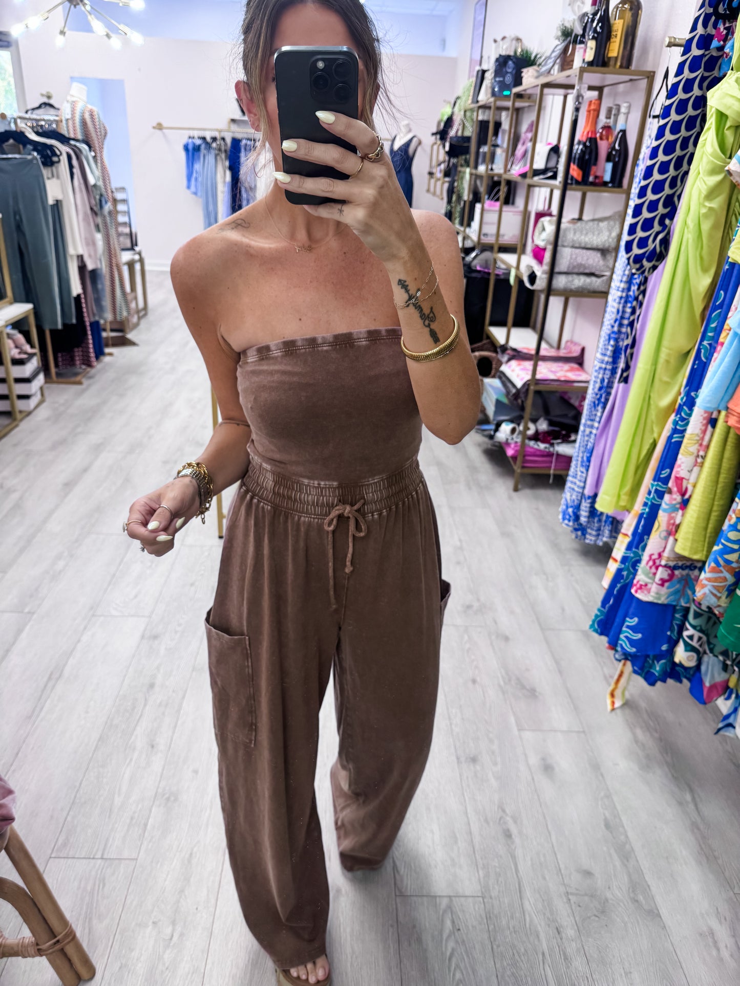 Chocolate Mineral Wash Strapless Wide-Leg Jumpsuit