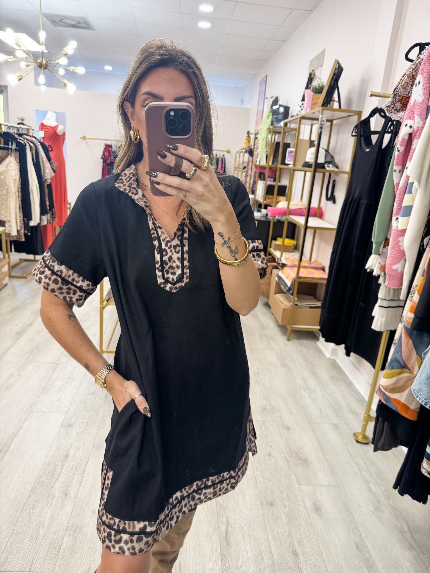 Black Leopard Accent Trim Dress