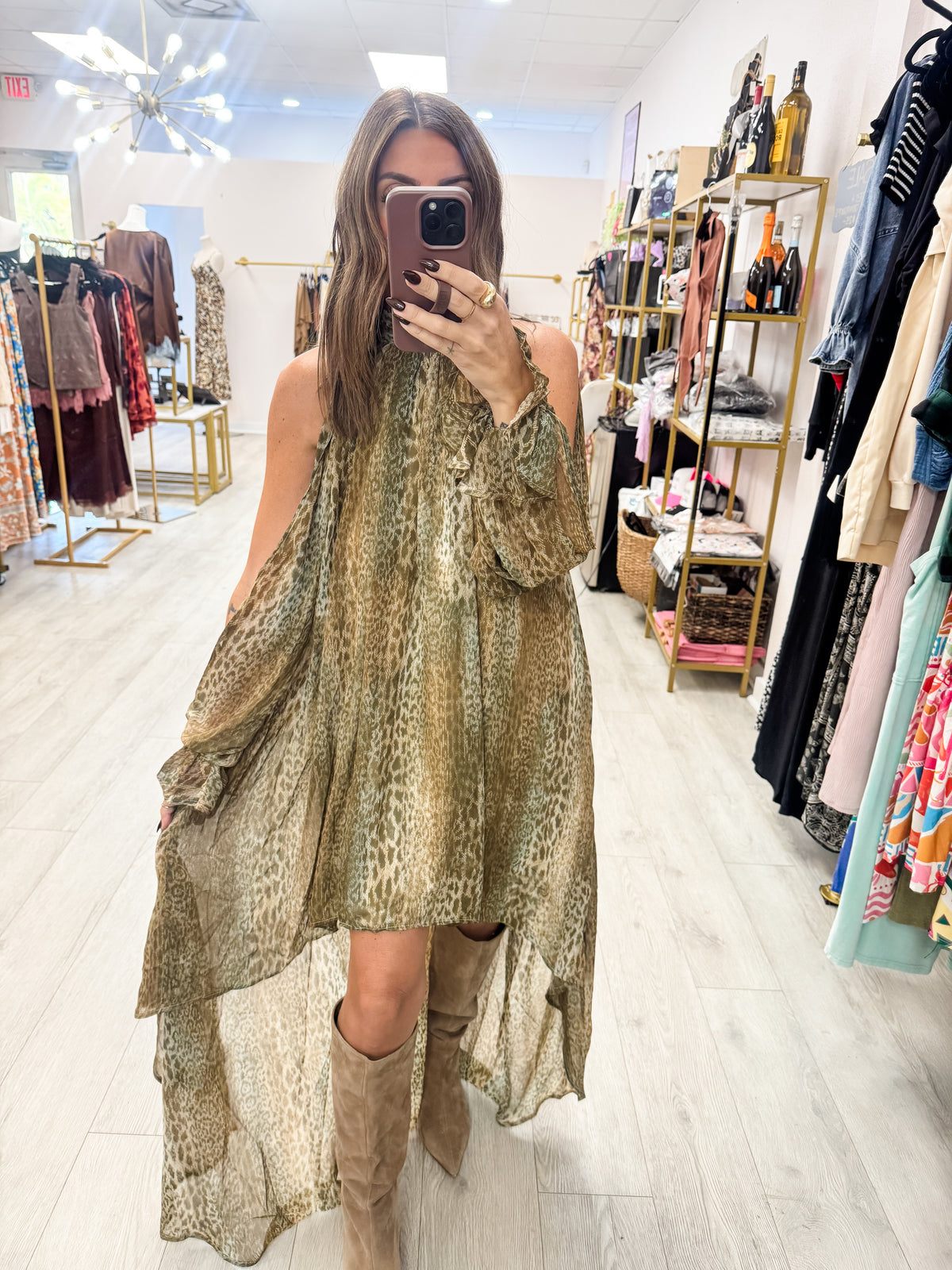 Olive Animal Print Sheer Chiffon High-Low Dress
