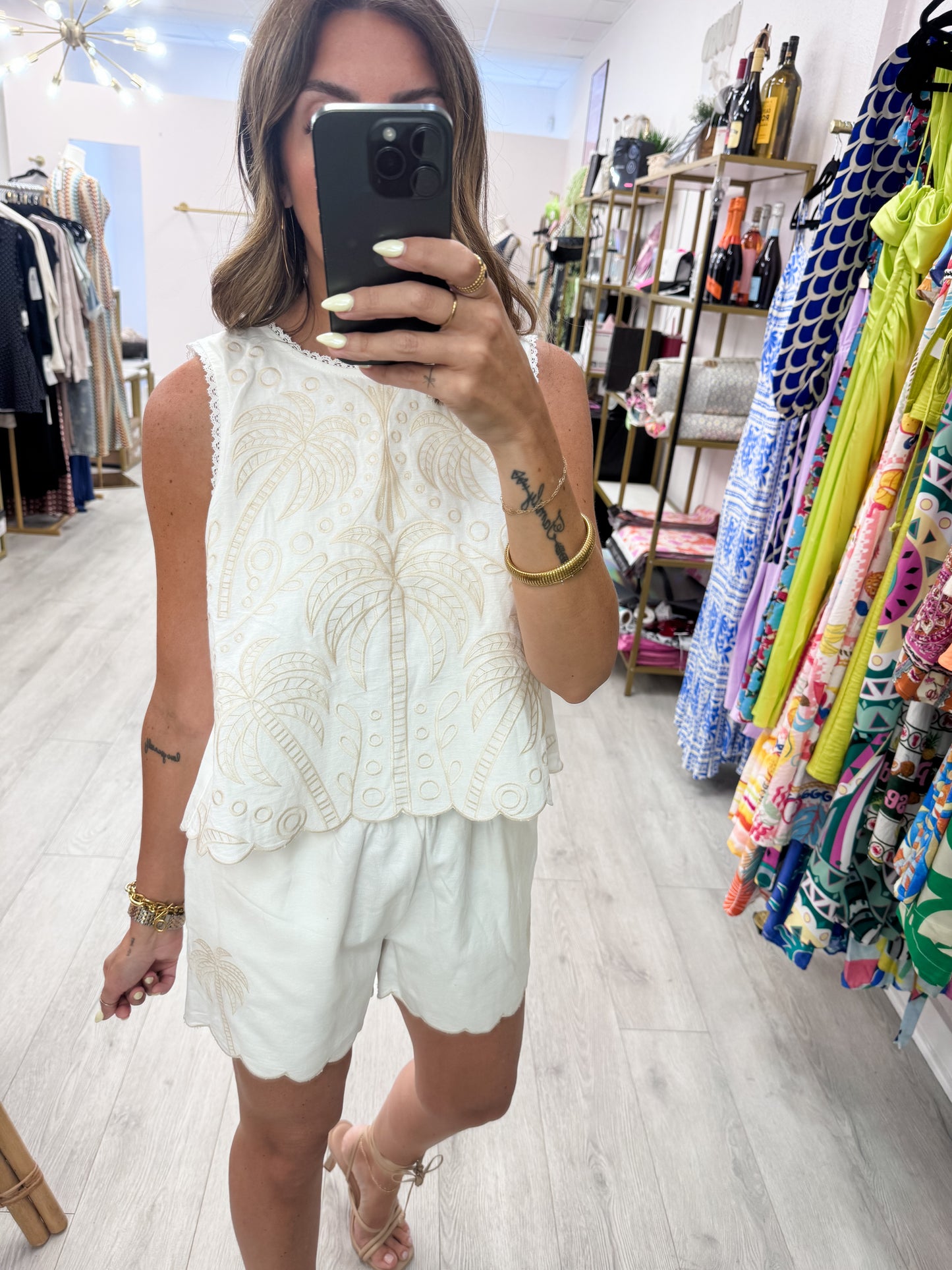 Off White Embroidered Tank & Shorts Set