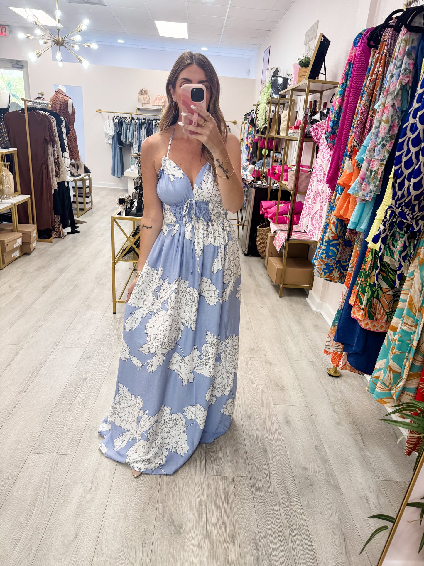 Pastel Printed Smocked Maxi Dress