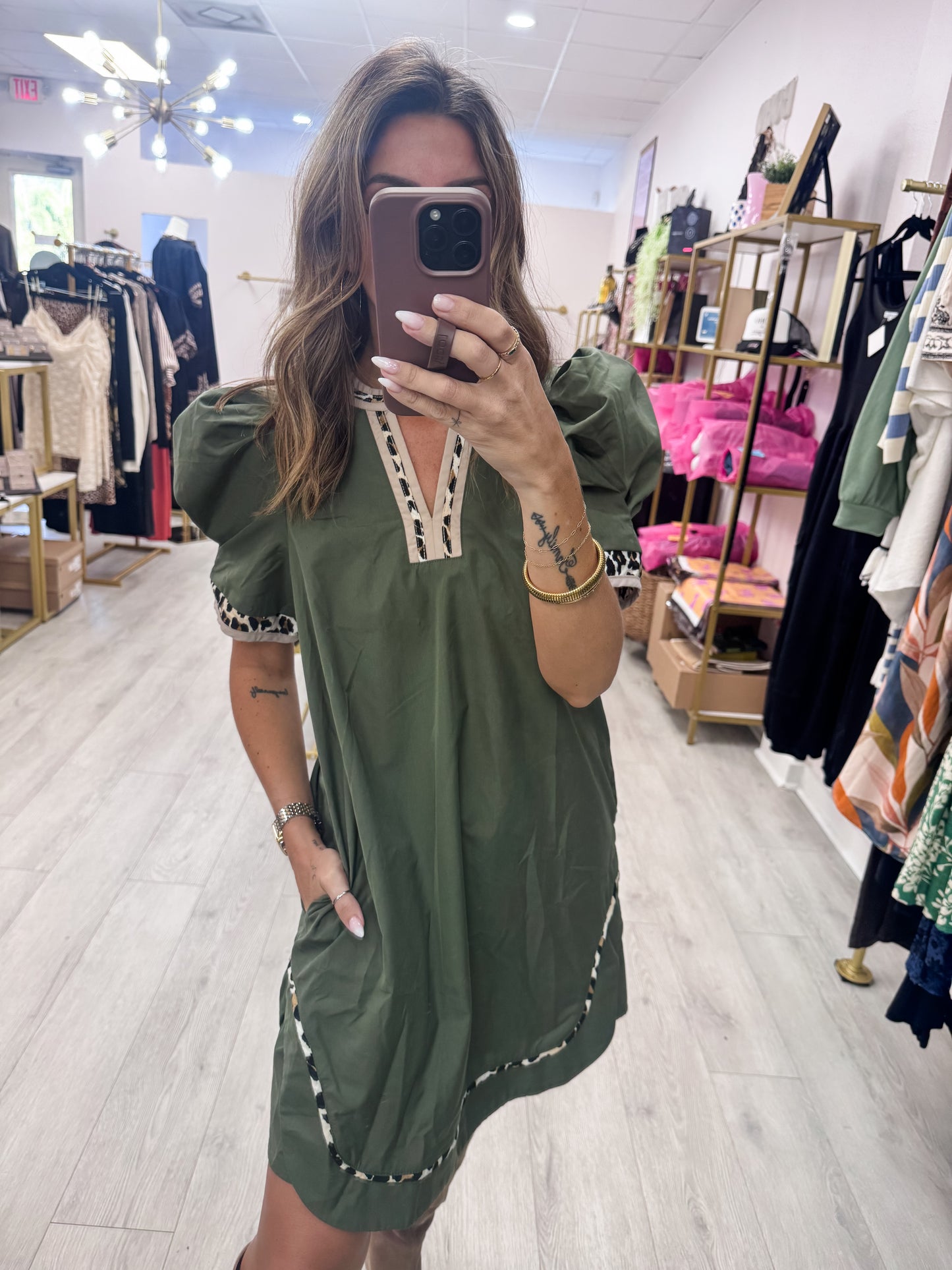 Olive Dress with Leopard Trim