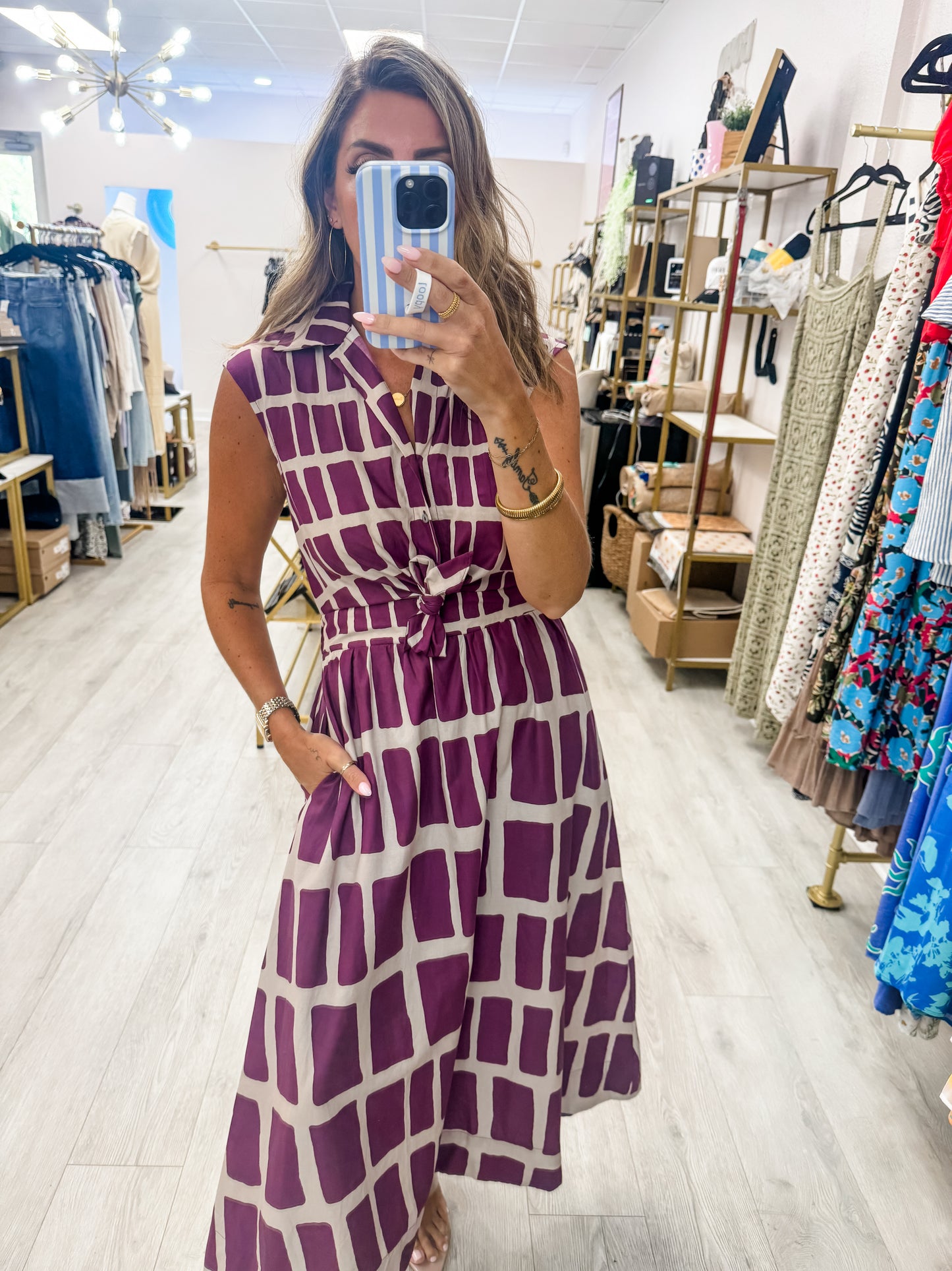 Abstract Maroon Midi Dress