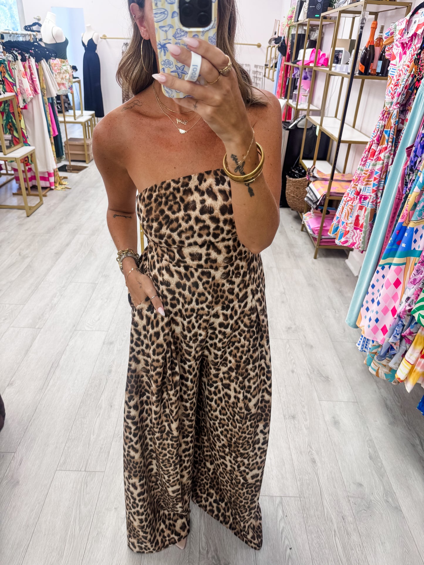 Brown Leopard Print Strapless Jumpsuit