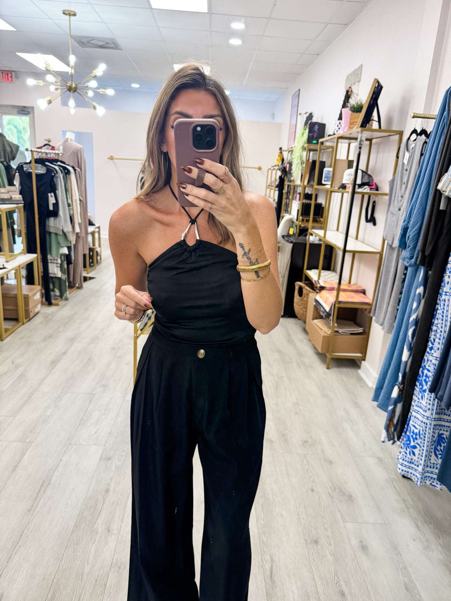Halter Ring Detail Solid Knit Top