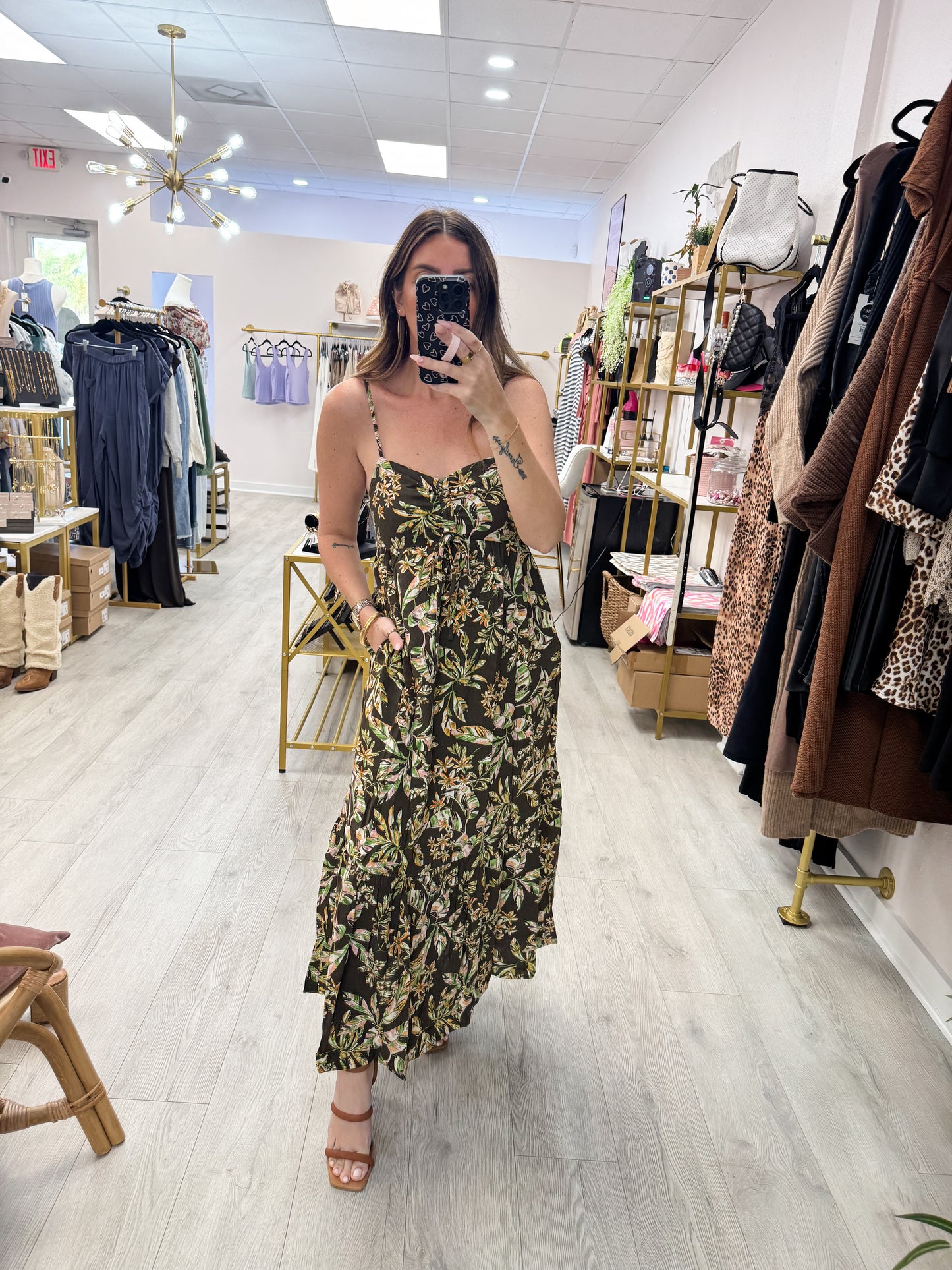 Brown Tropical Midi Dress