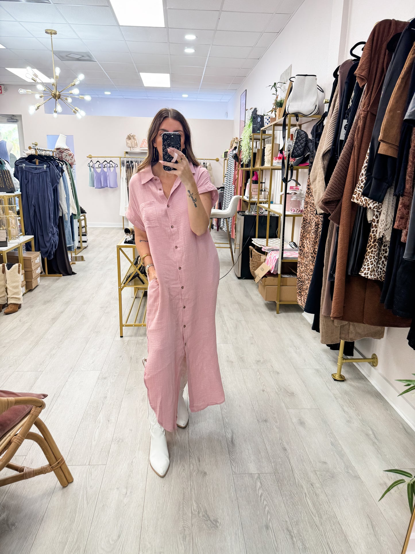 Dusty Pink Button Up Maxi Shirt Dress
