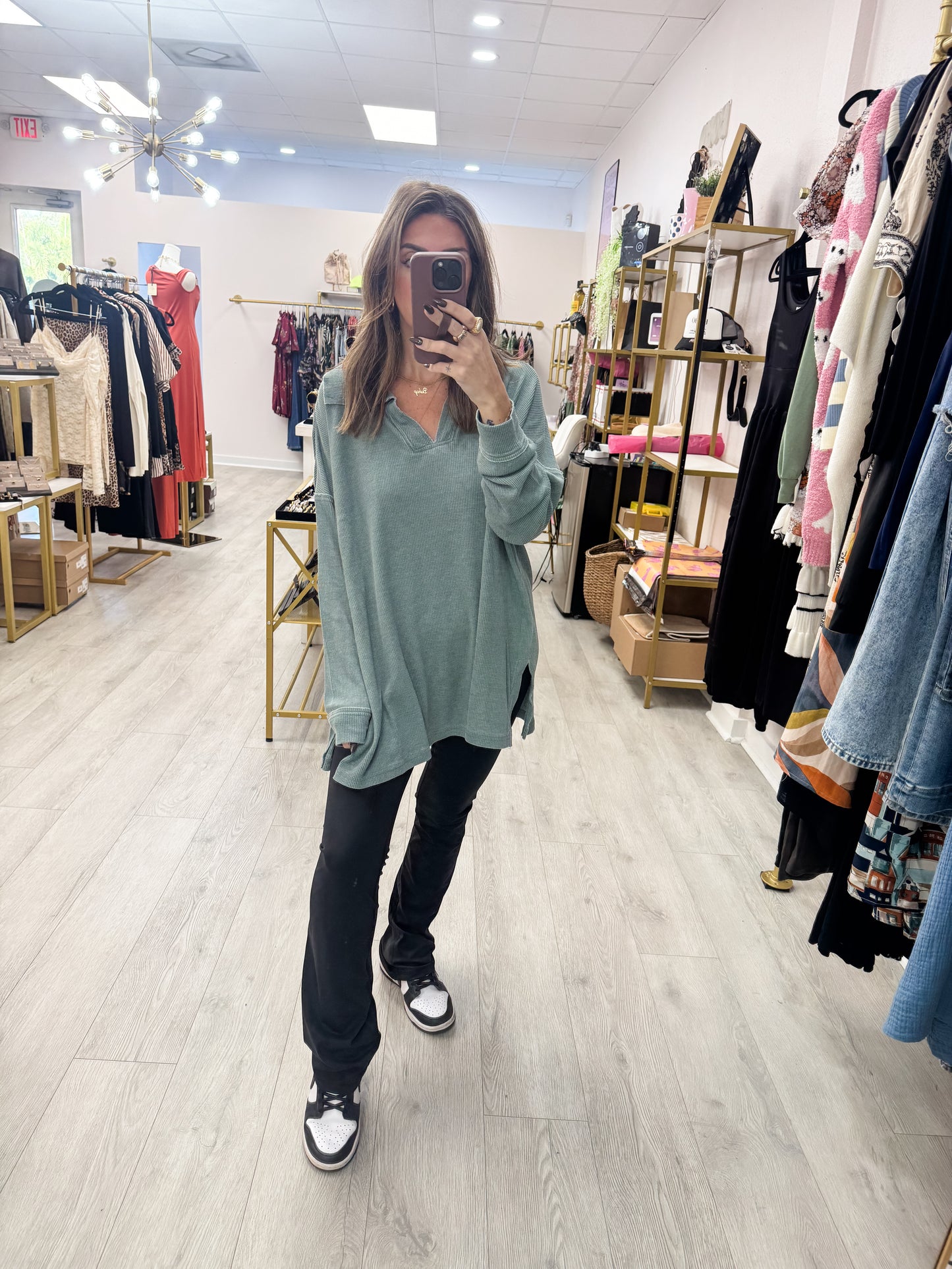 Silky Pine Cotton Blend Waffle Knit Oversized Long Sleeve Top