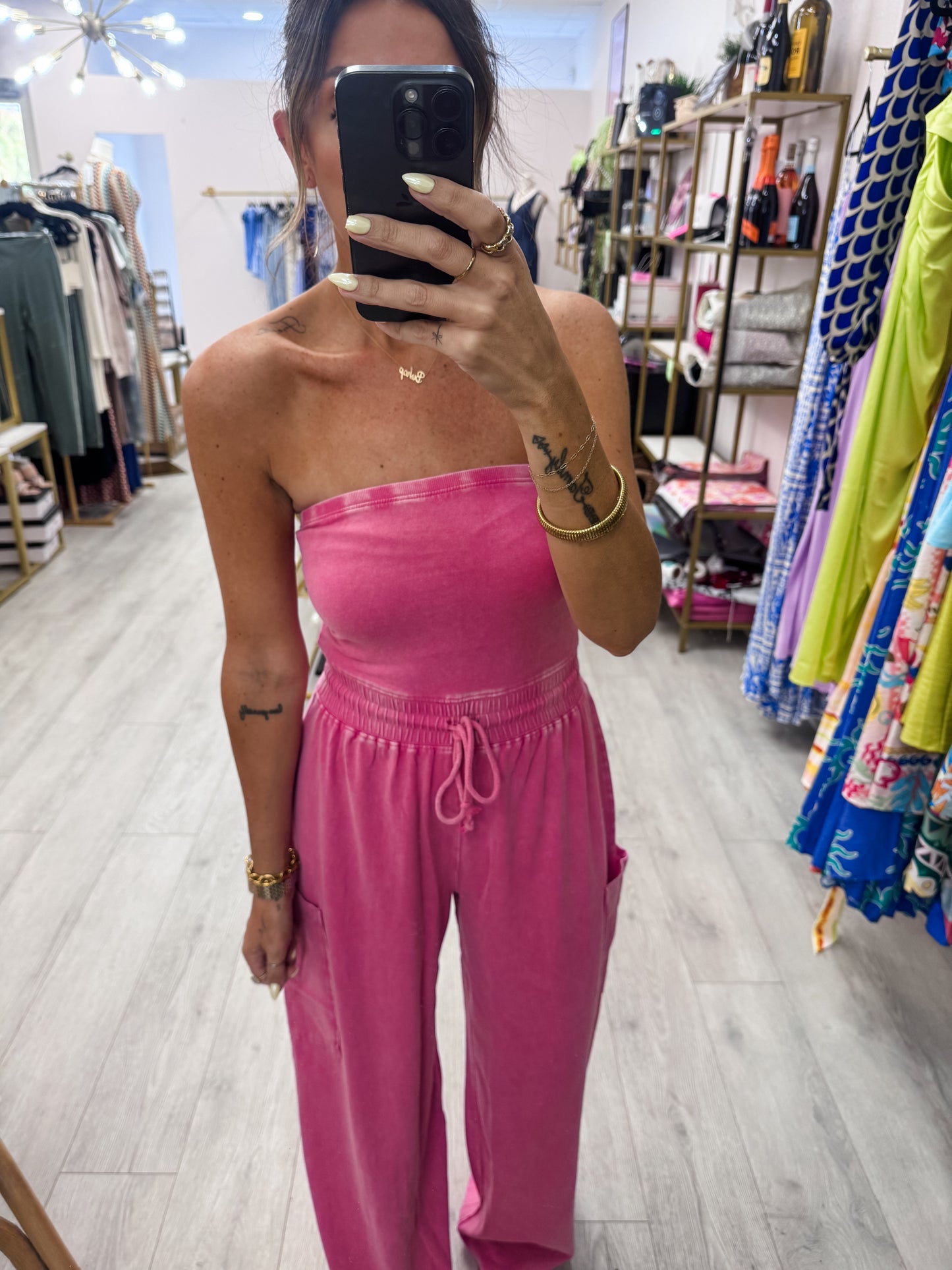 Pink Mineral Wash Strapless Wide-Leg Jumpsuit