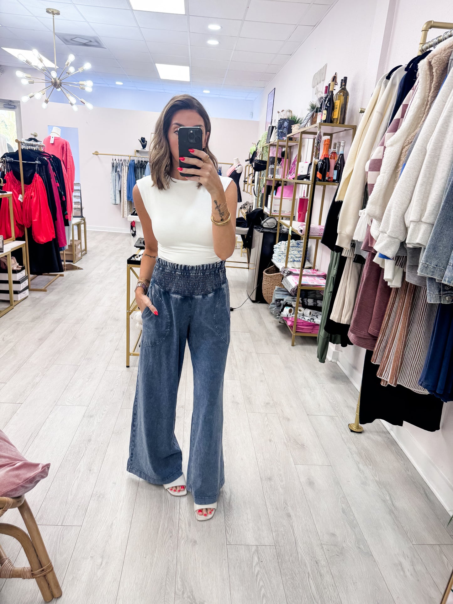 Blue Mineral Washed Wide-Leg Smocked Waist Pants