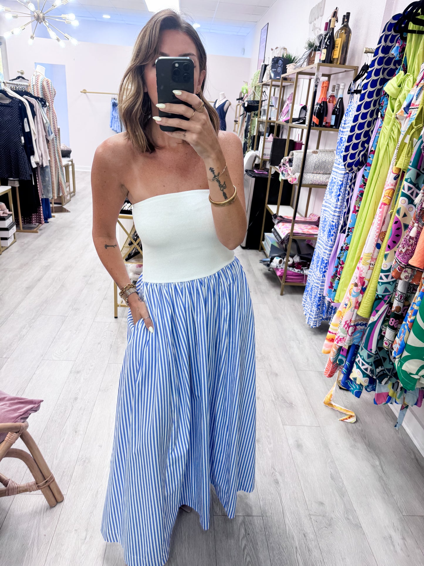 Nantucket Striped Strapless Flowy Midi Dress