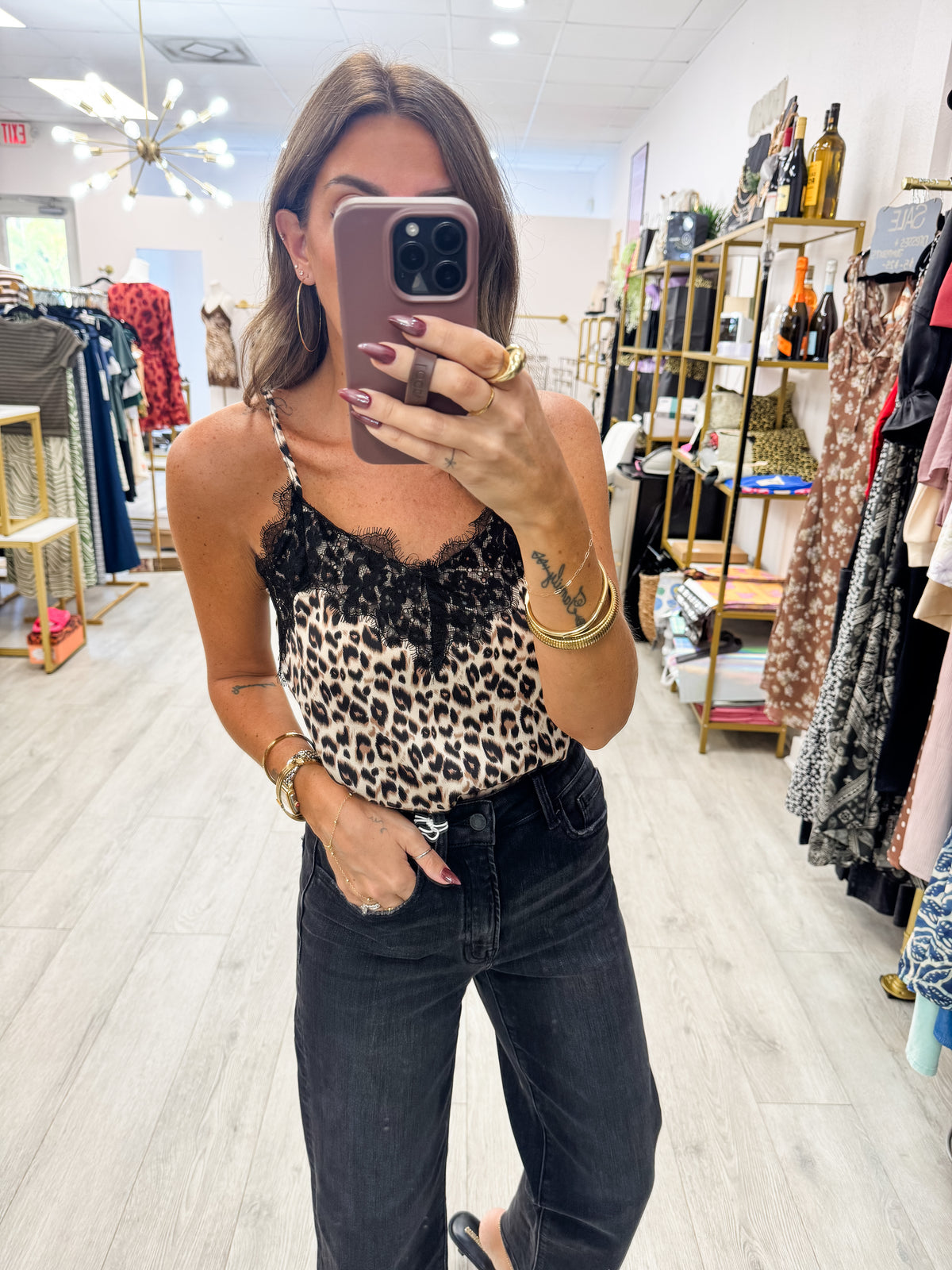 Leopard Lace Trim Camisole Top