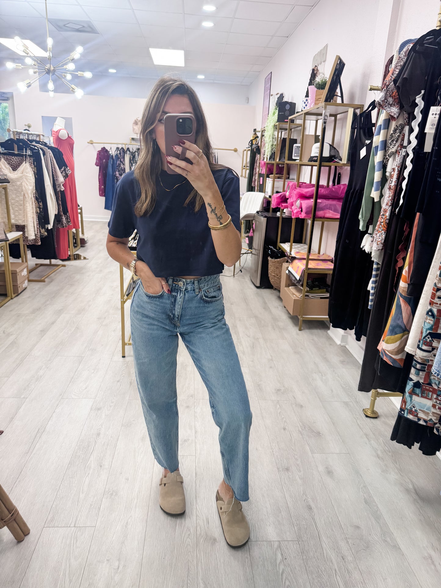 Navy Cotton Lycra Boxy Cropped Tee