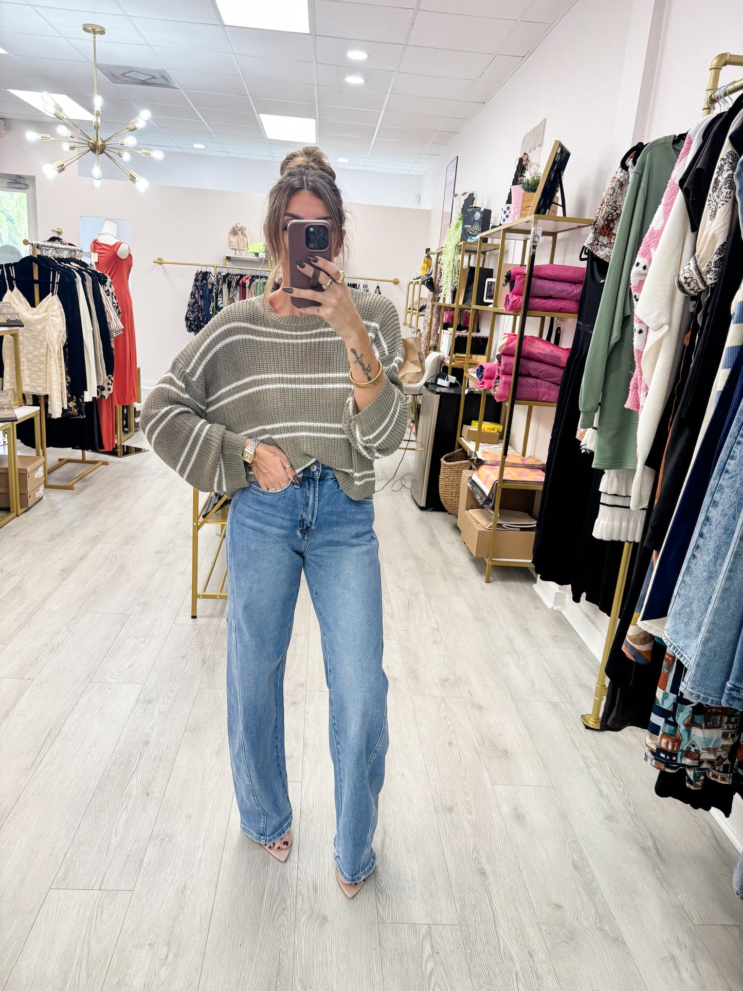 Olive Double Striped Long Sleeve Knit Top