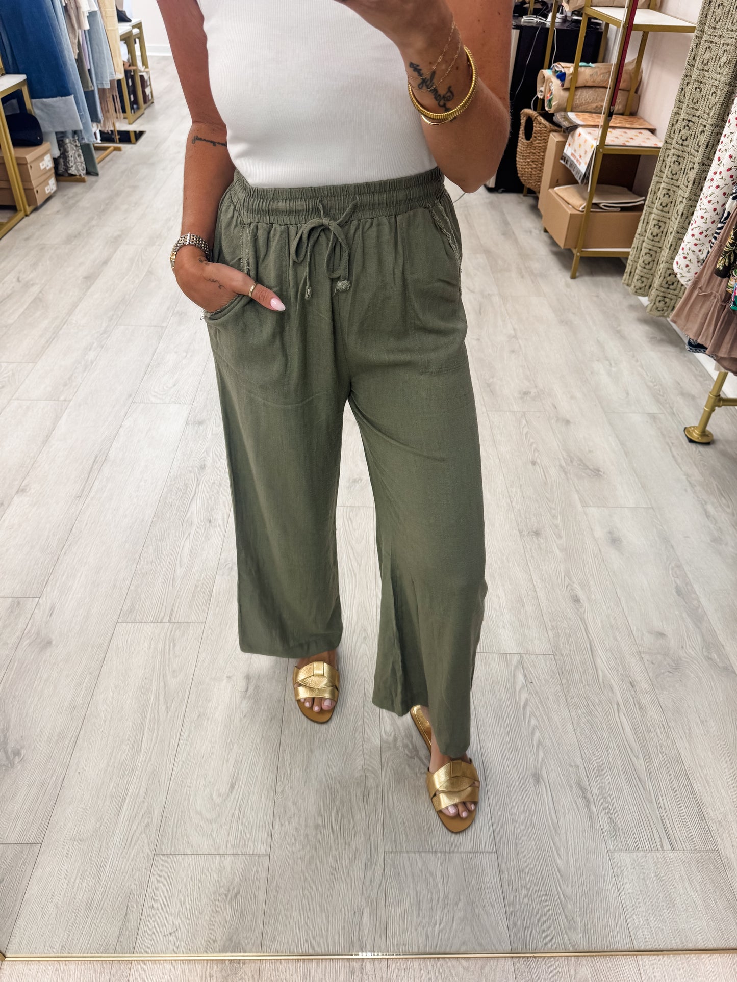 Olive Wide Leg Linen Blend Pants