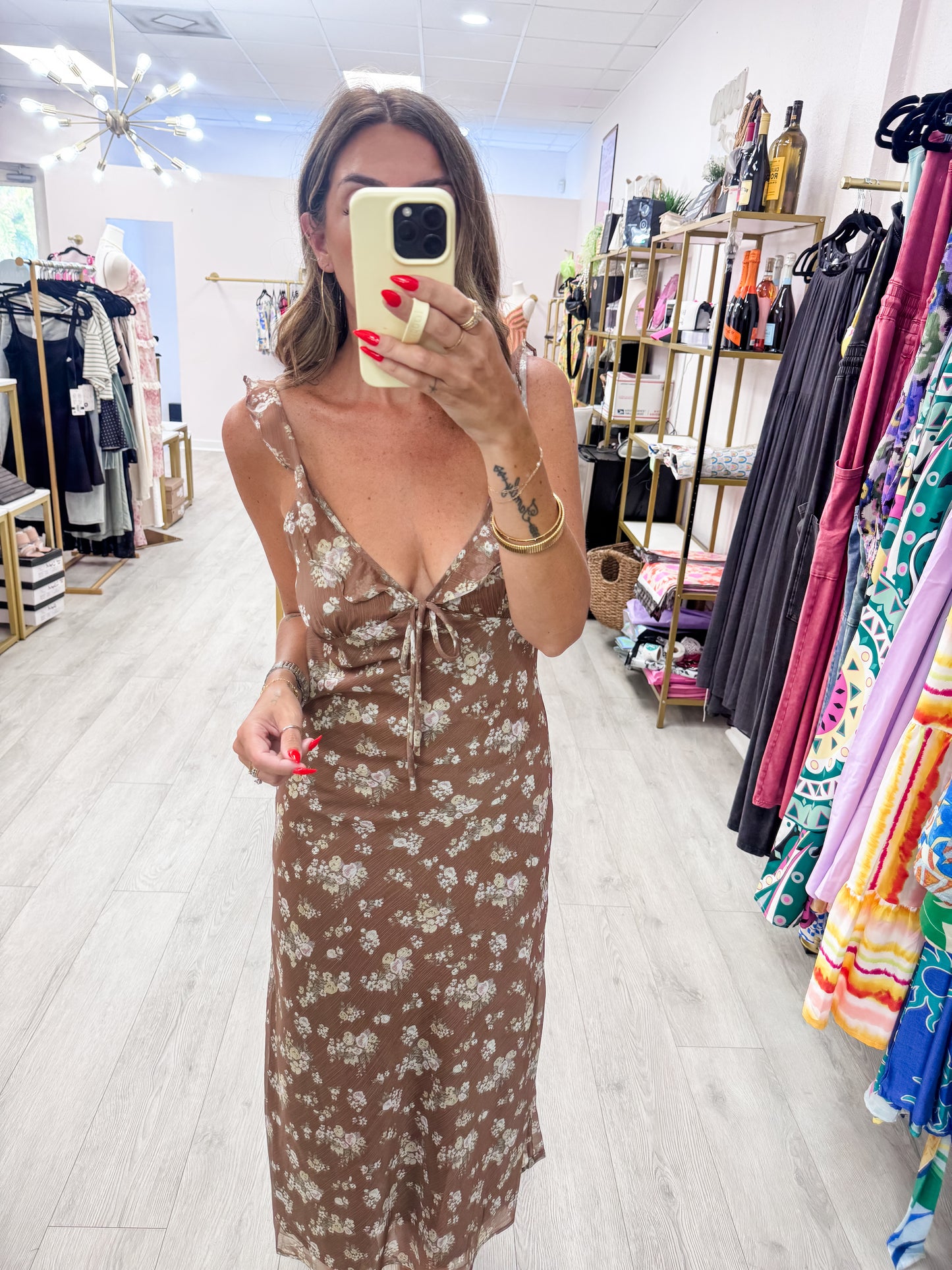 Brown Floral Ruffle Strap Midi Dress