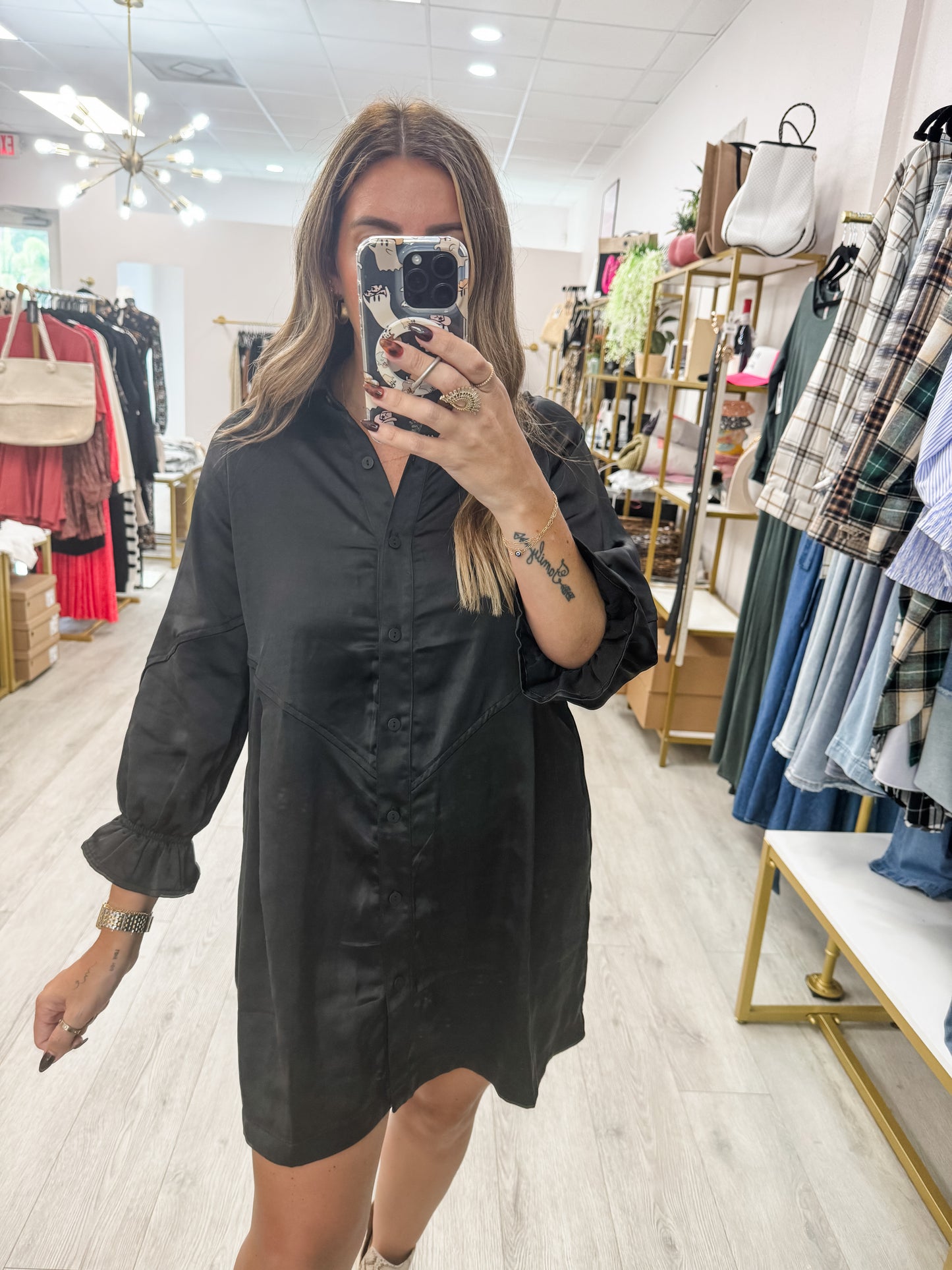 Satin Button Up Ruffle Sleeve Dress