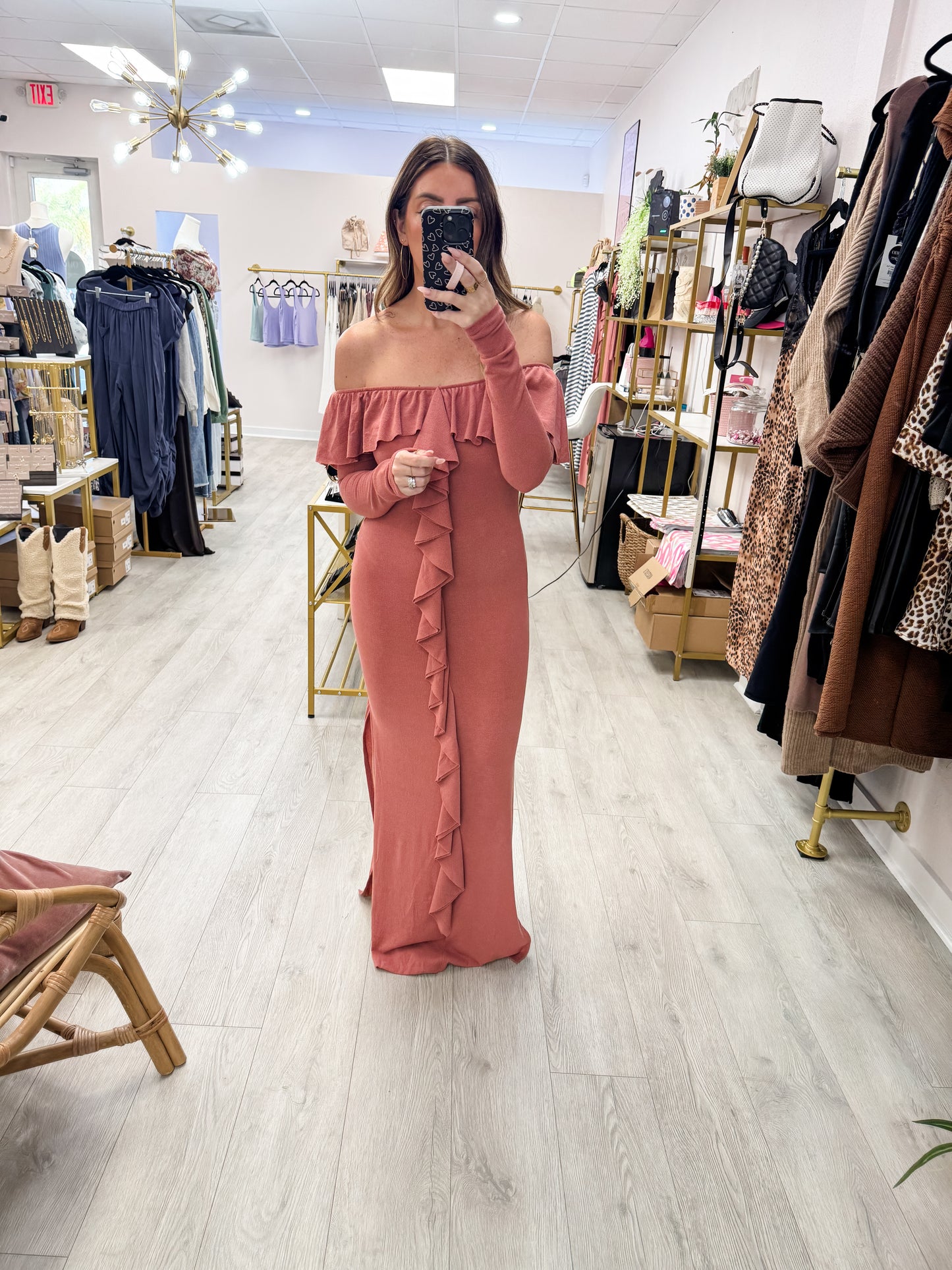 Off Shoulder Ruffle Front Maxi Dress