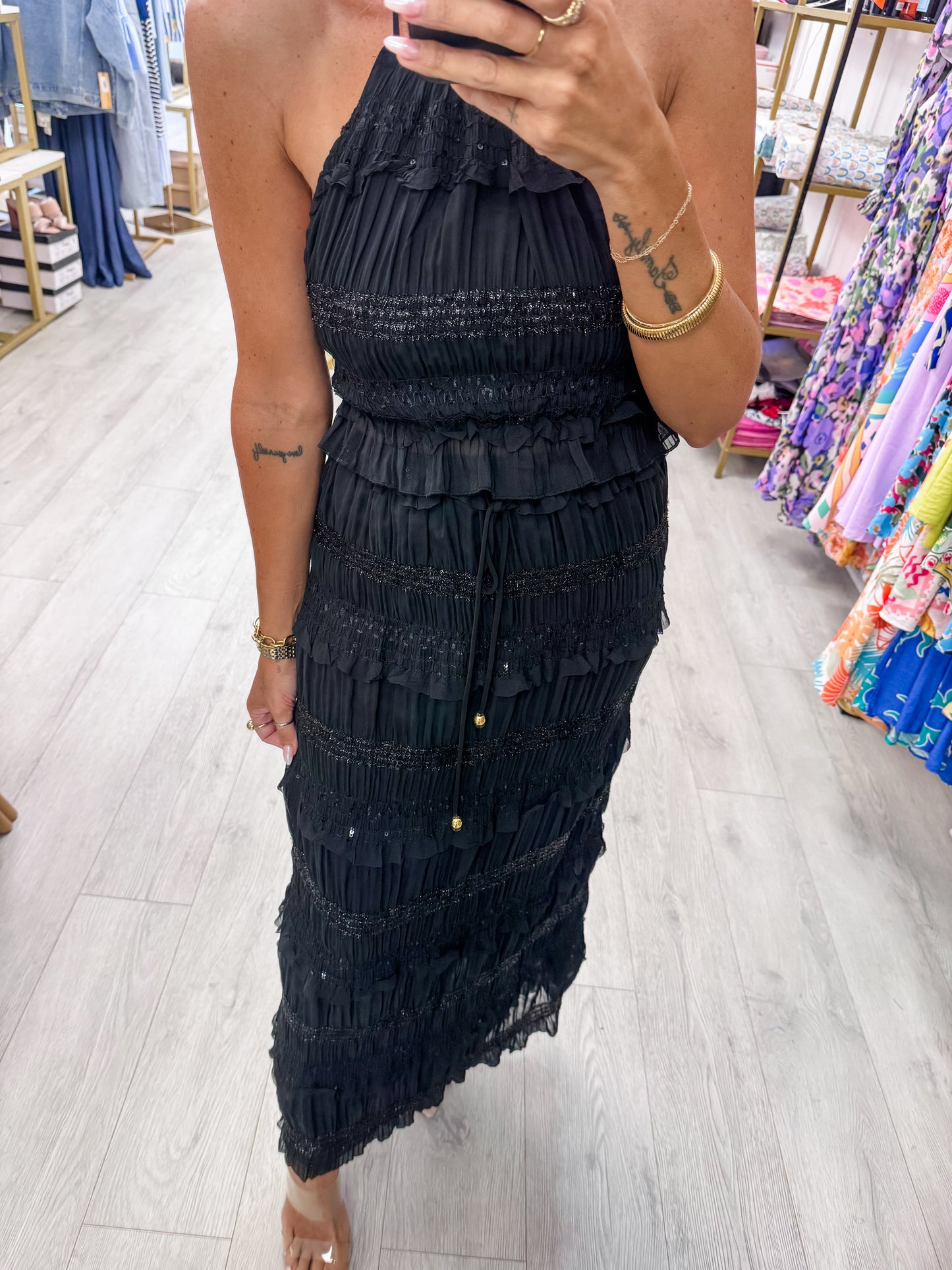 Black Tiered Ruffle Midi Skirt