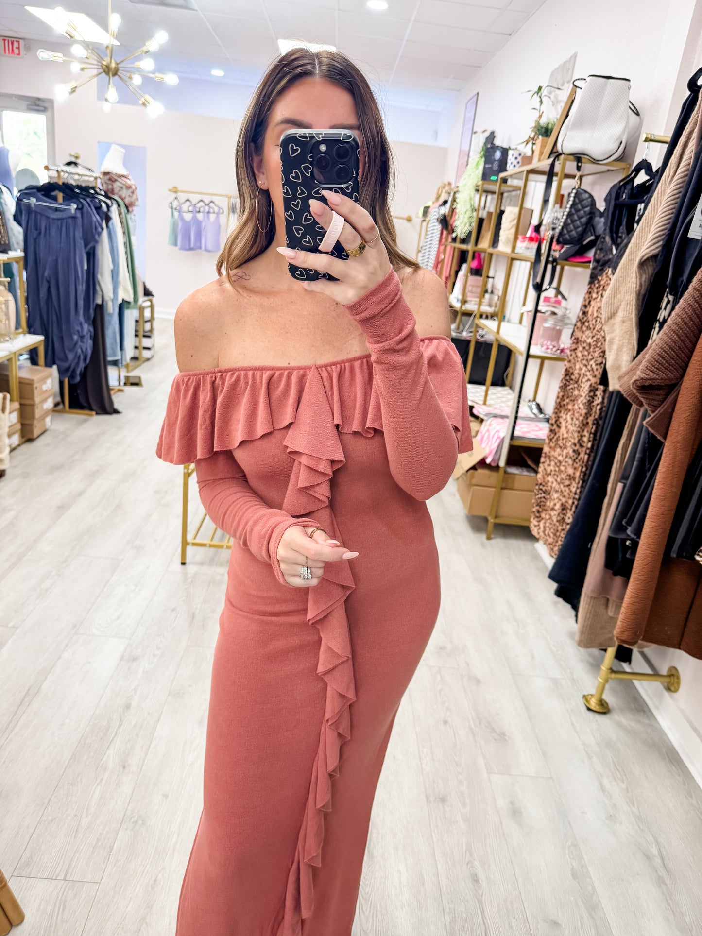 Off Shoulder Ruffle Front Maxi Dress