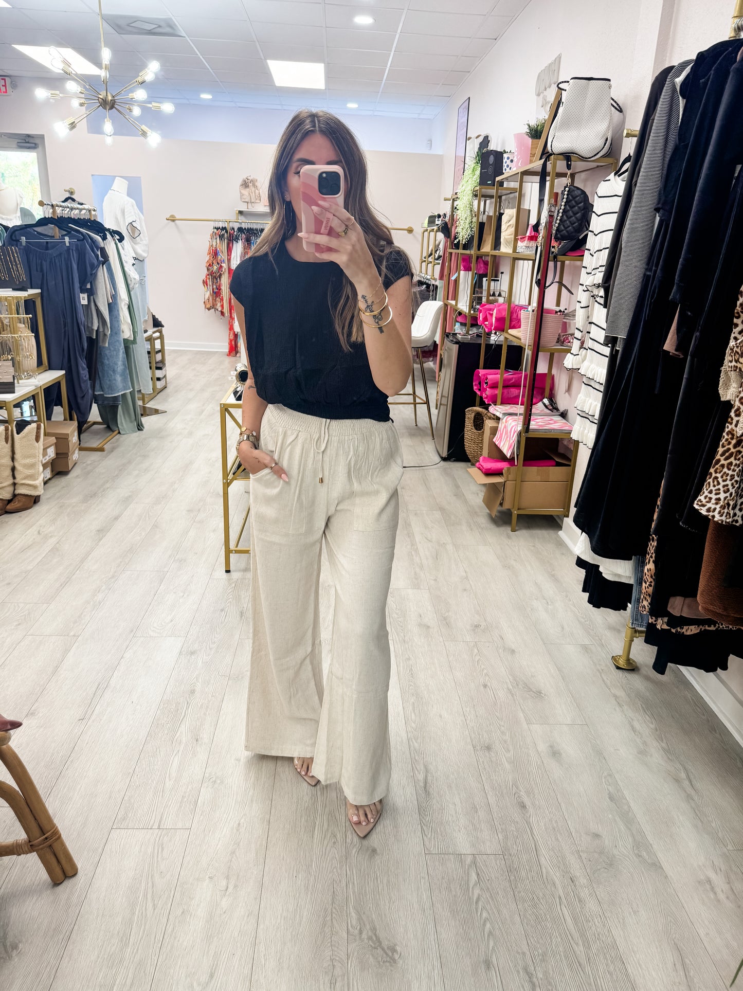 Oatmeal Soft Linen Smocked Waist Pants