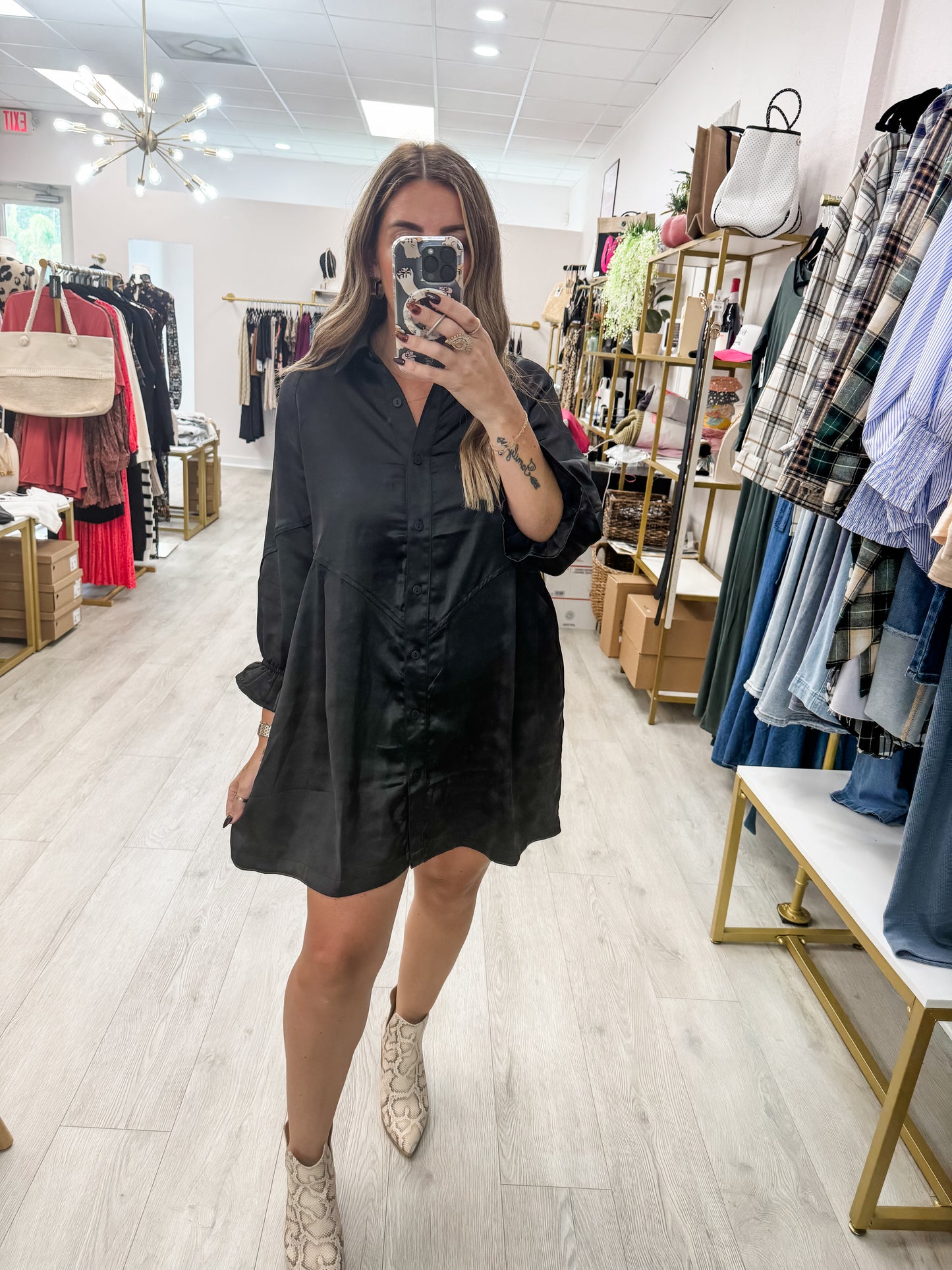 Satin Button Up Ruffle Sleeve Dress